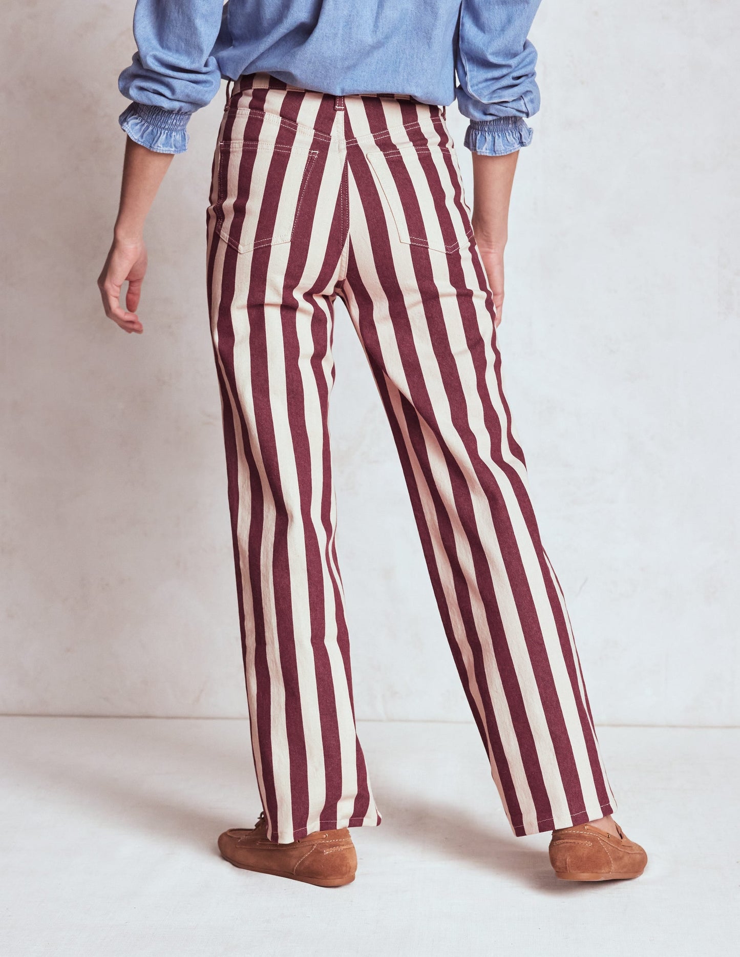 High Rise Column Leg Jeans-Maroon and Ivory Stripe