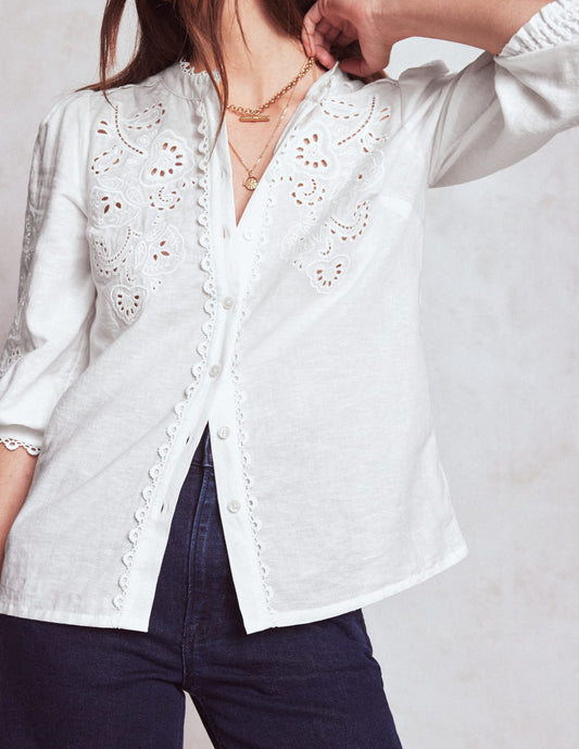 Alicia Cutwork Linen Top-White, Cutwork Embroidery