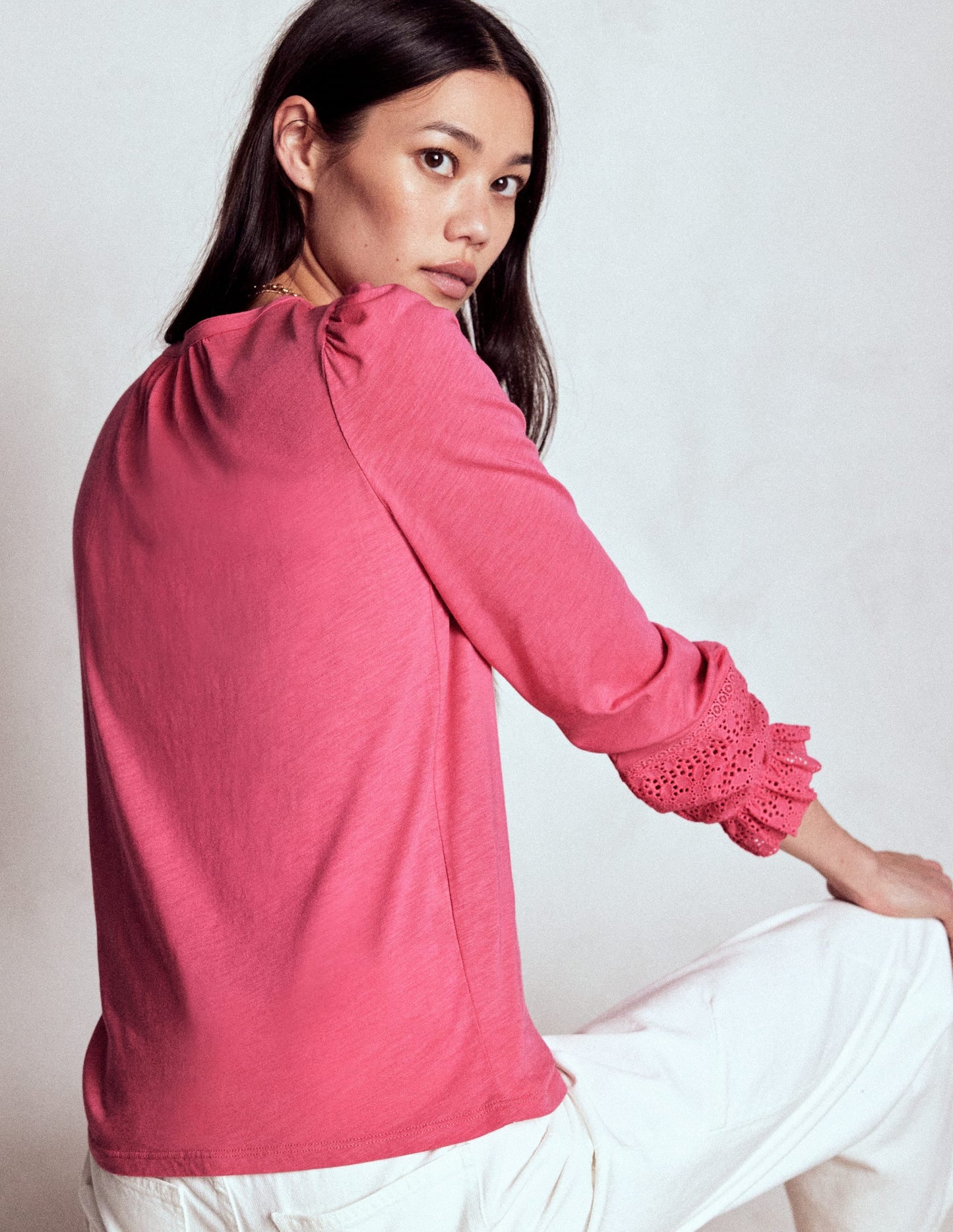 Pippa Broderie Jersey Shirt-Rose Pink
