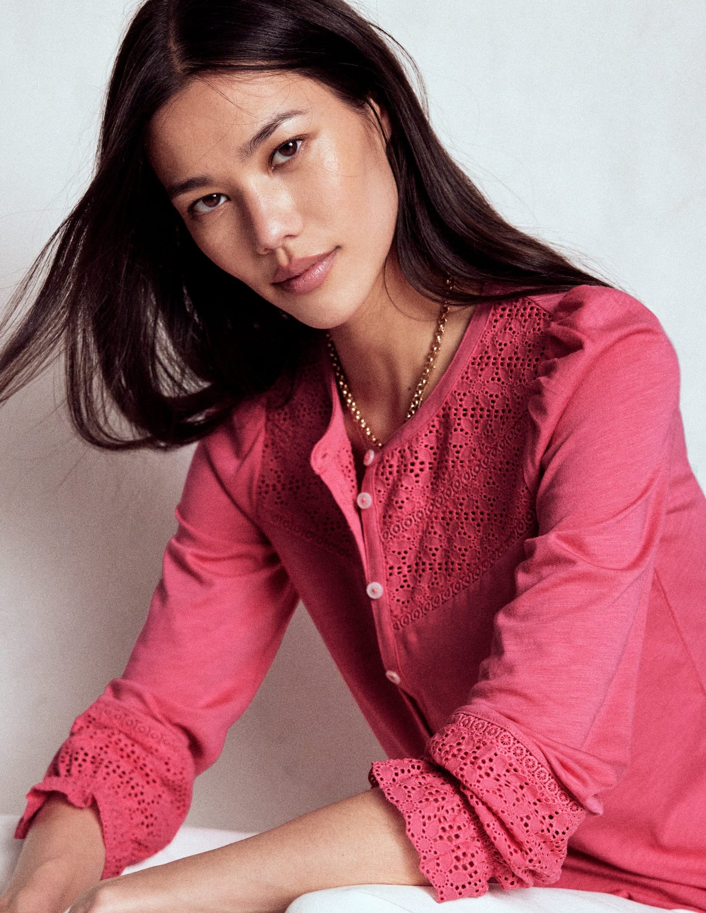 Pippa Broderie Jersey Shirt-Rose Pink