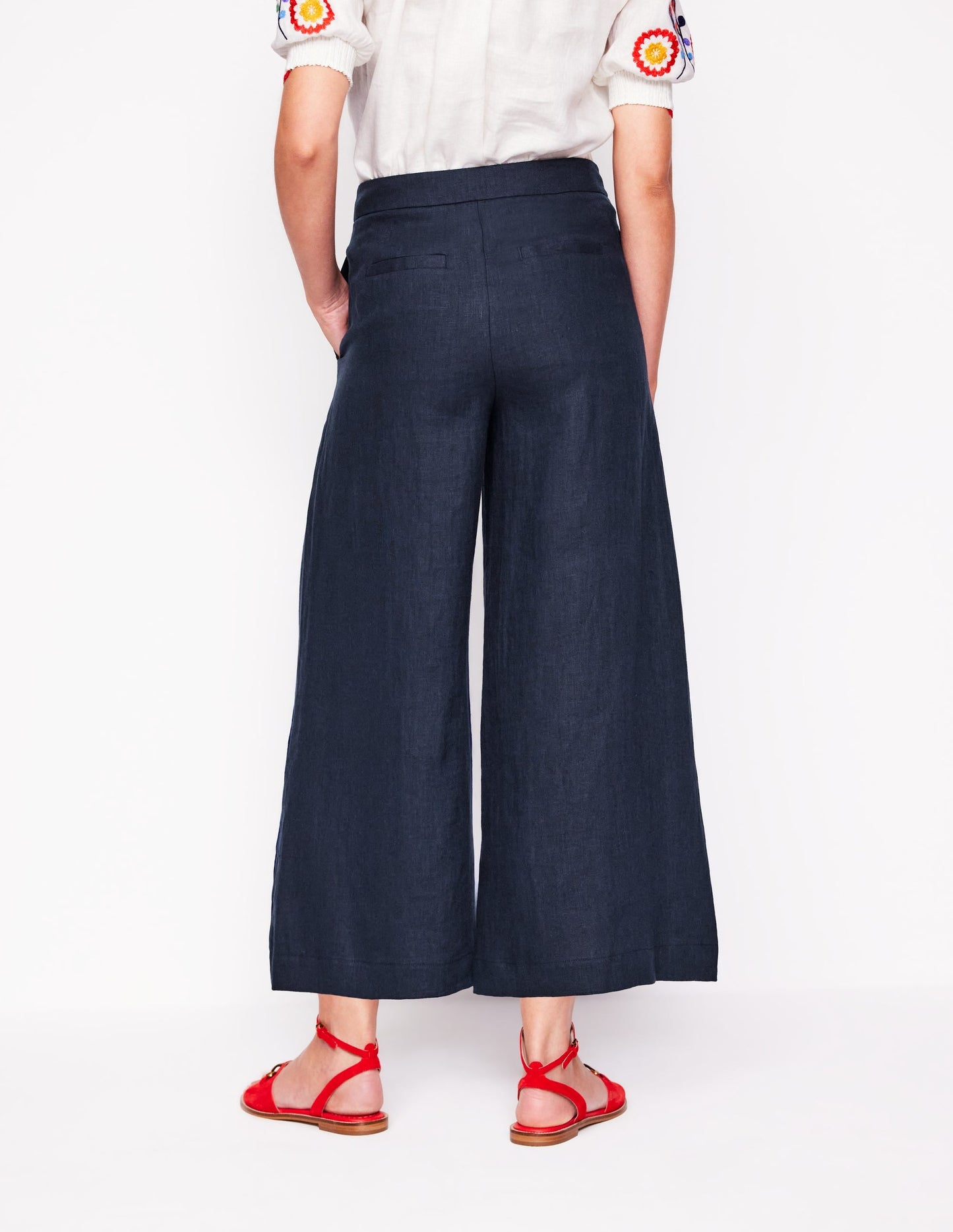 Wide Crop Linen Trousers-Navy