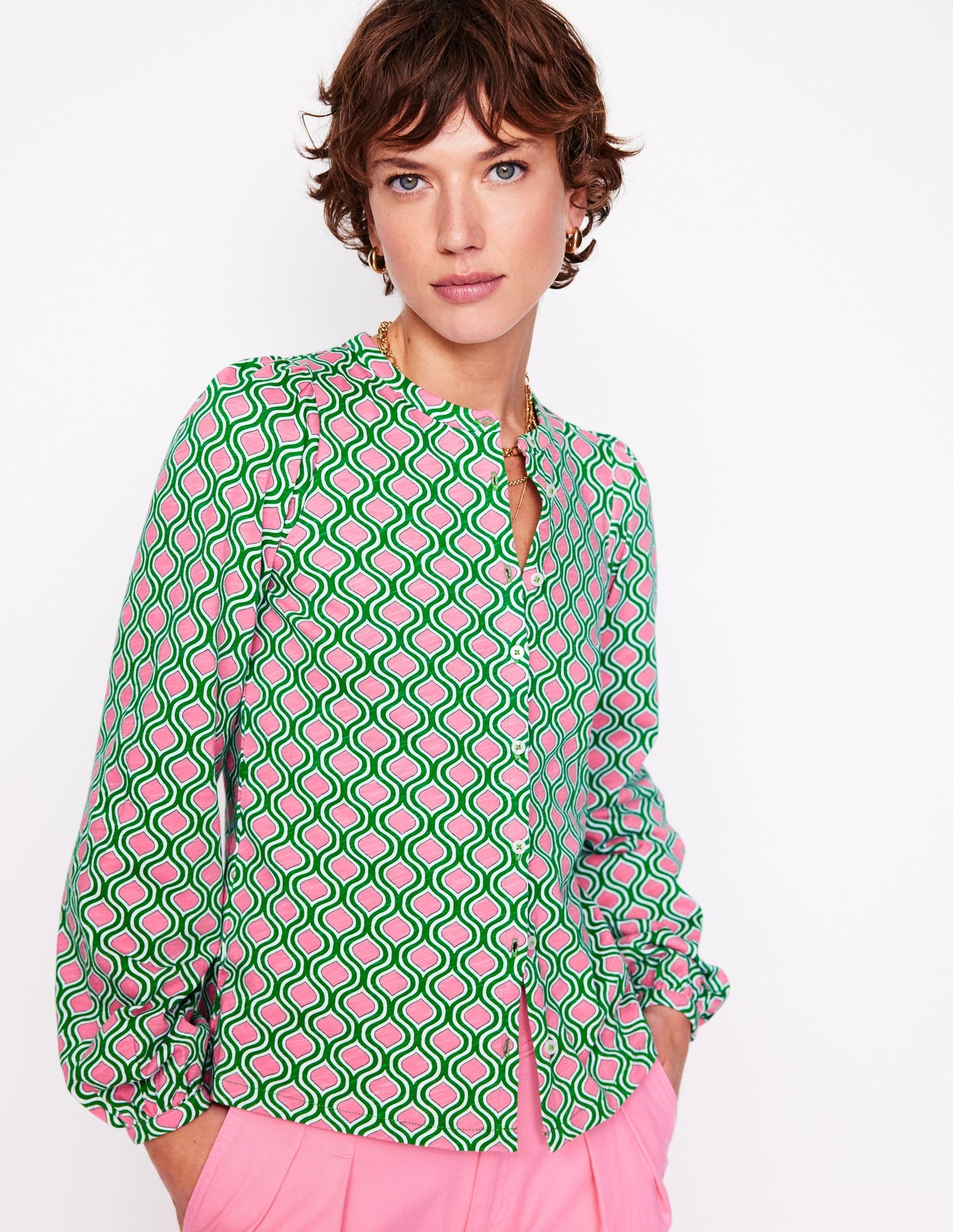 Marina Jersey Shirt-Rich Emerald, Geo Trellis