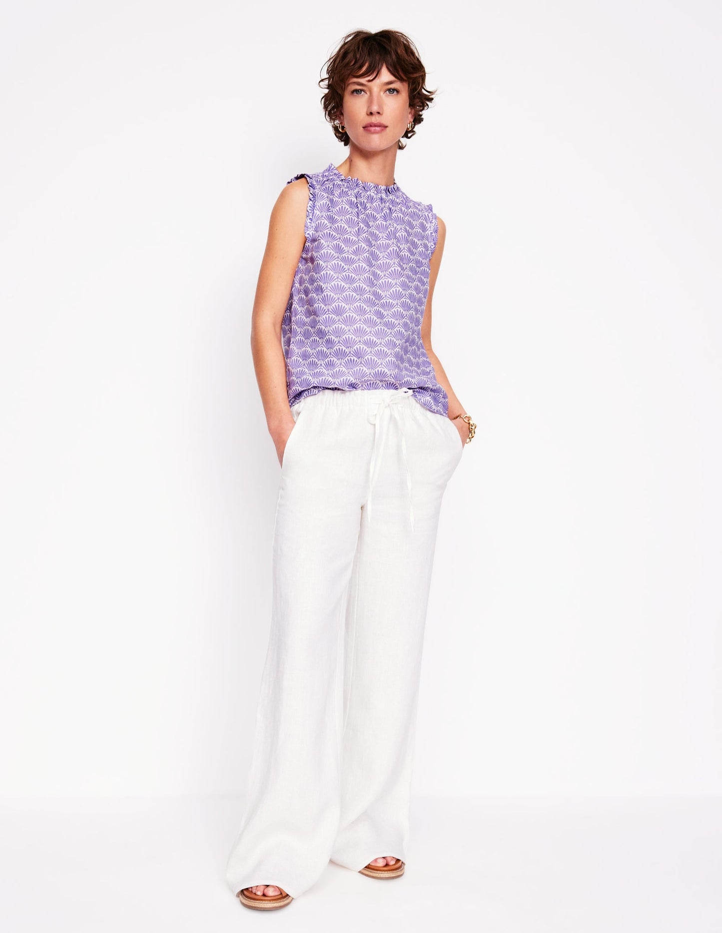 Sophie Ruffle Linen Top-Purple, Deco Palm