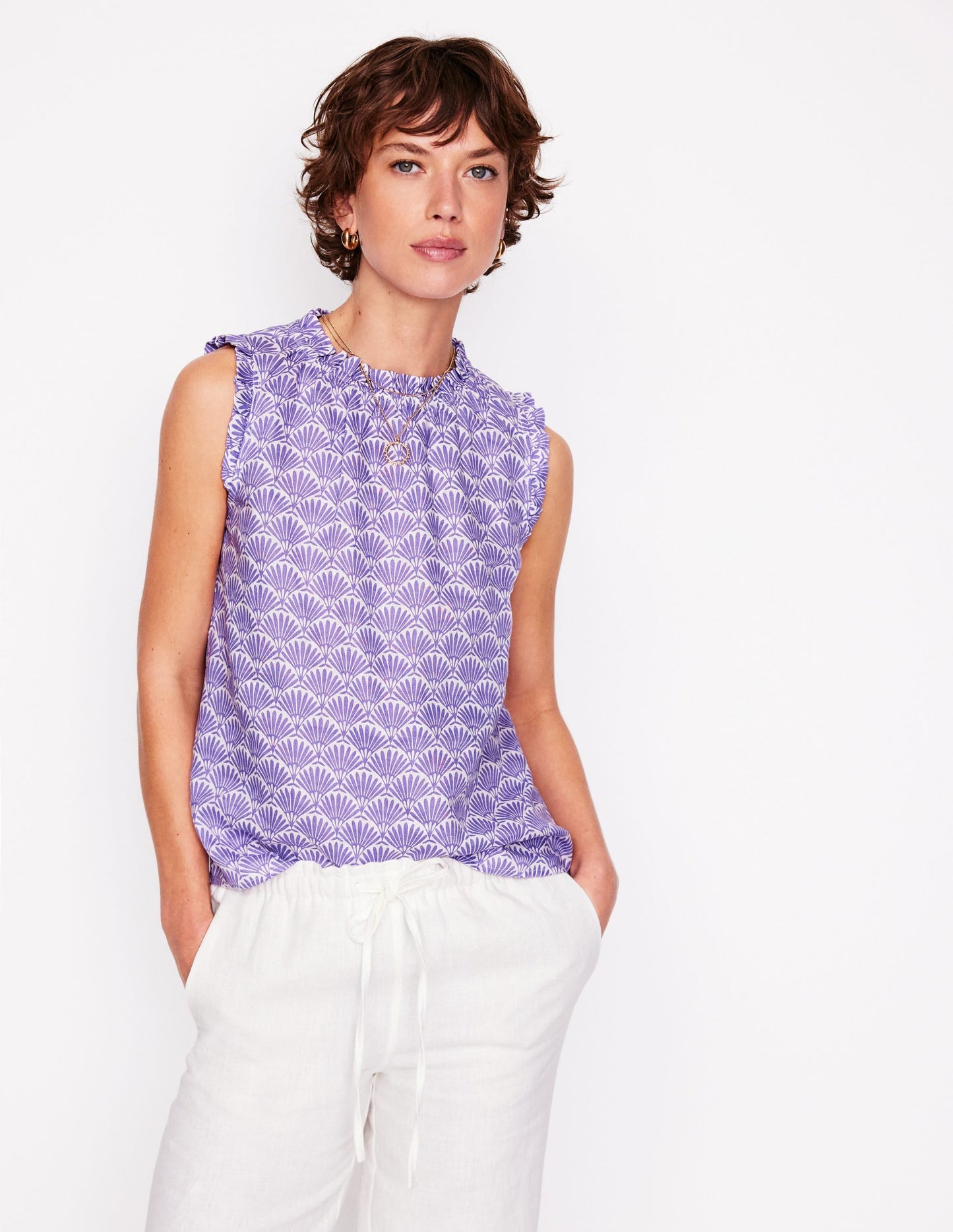 Sophie Ruffle Linen Top-Purple, Deco Palm