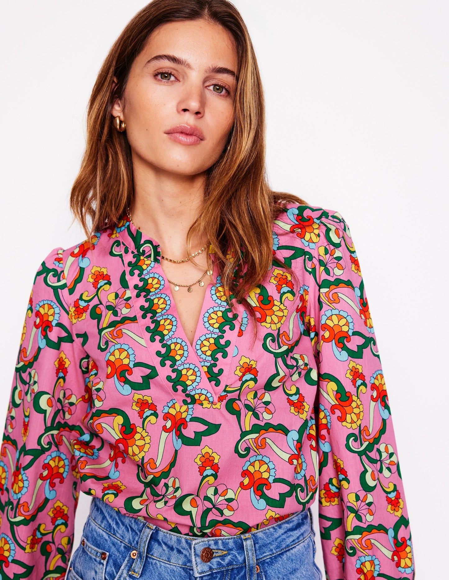 Cotton Notch Neck Top-Pink Rose, Foliage Trail