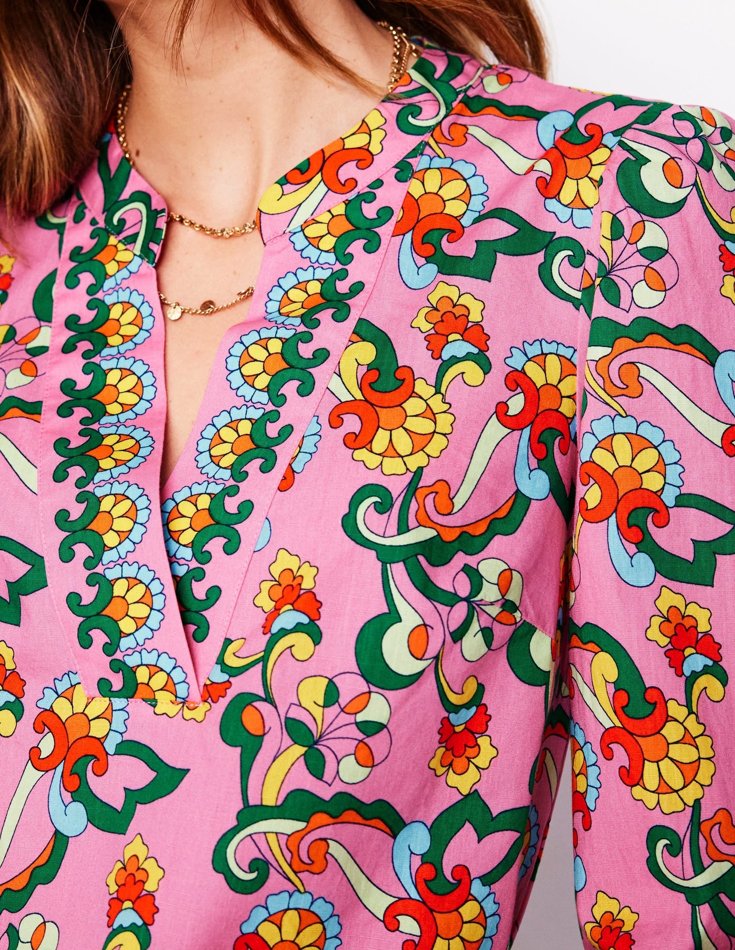 Cotton Notch Neck Top-Pink Rose, Foliage Trail