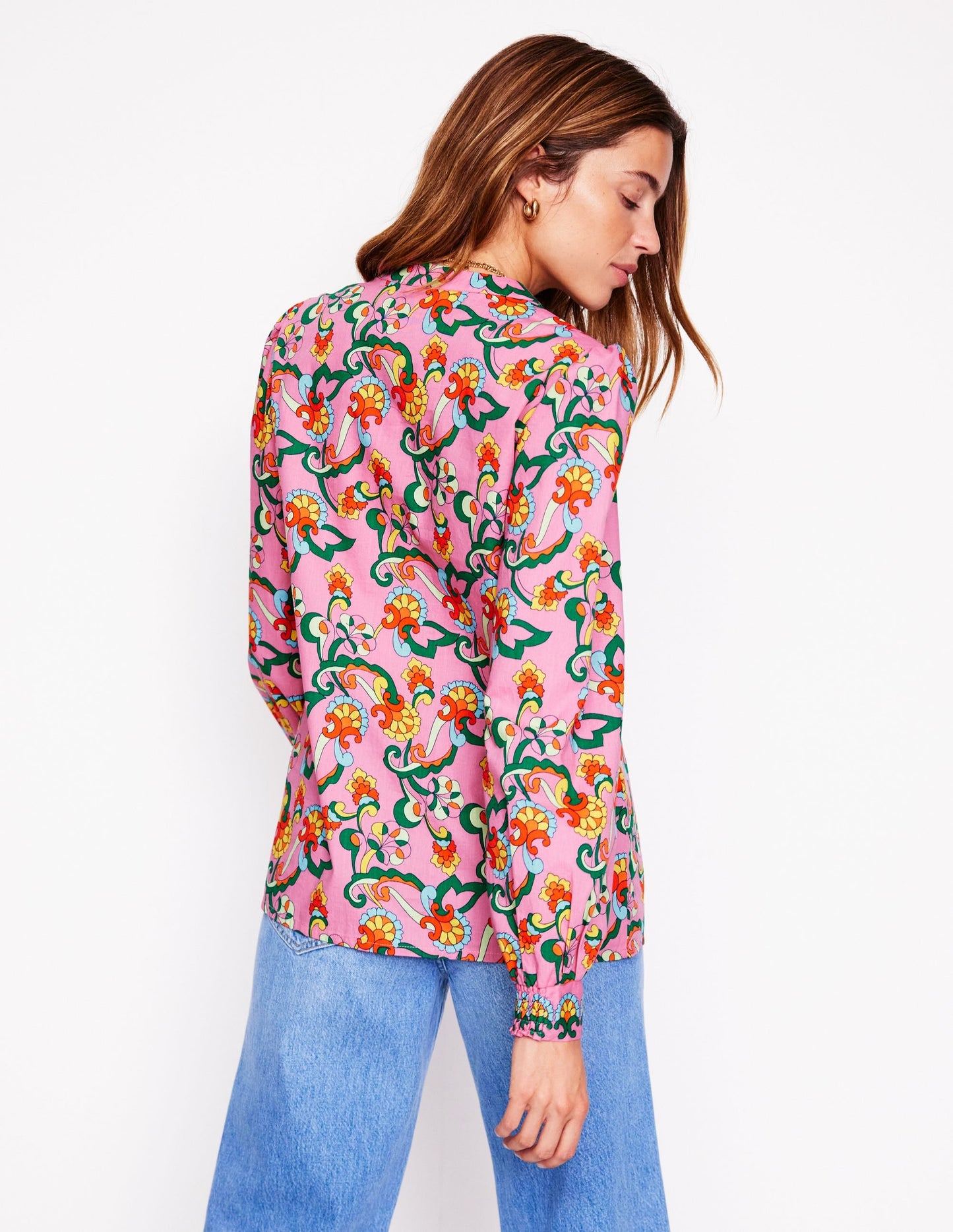 Cotton Notch Neck Top-Pink Rose, Foliage Trail