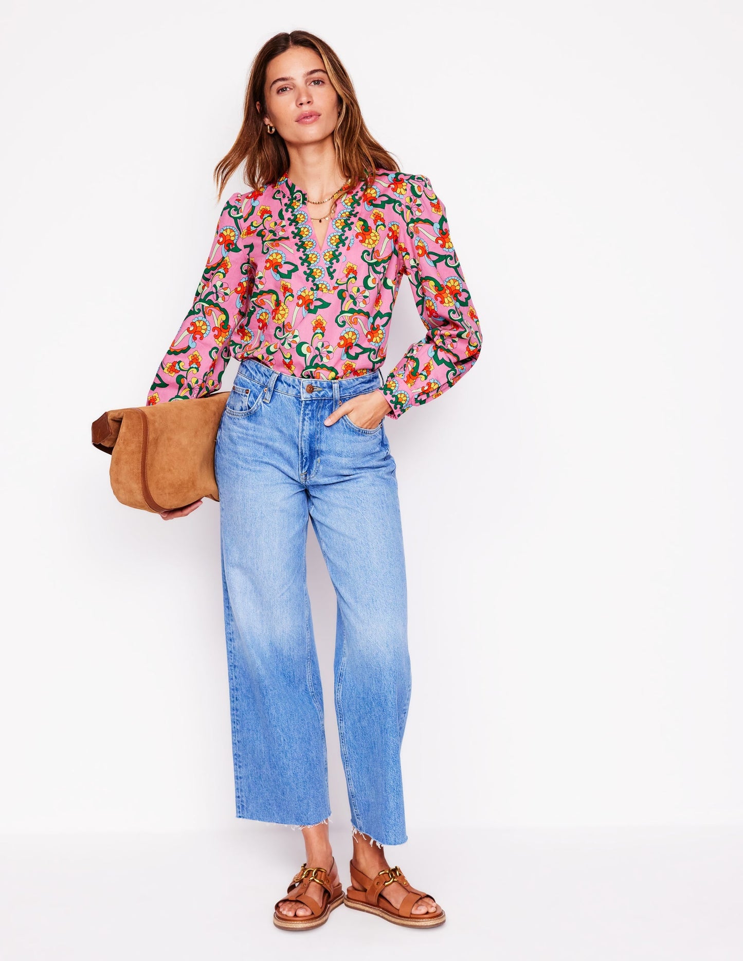 Cotton Notch Neck Top-Pink Rose, Foliage Trail