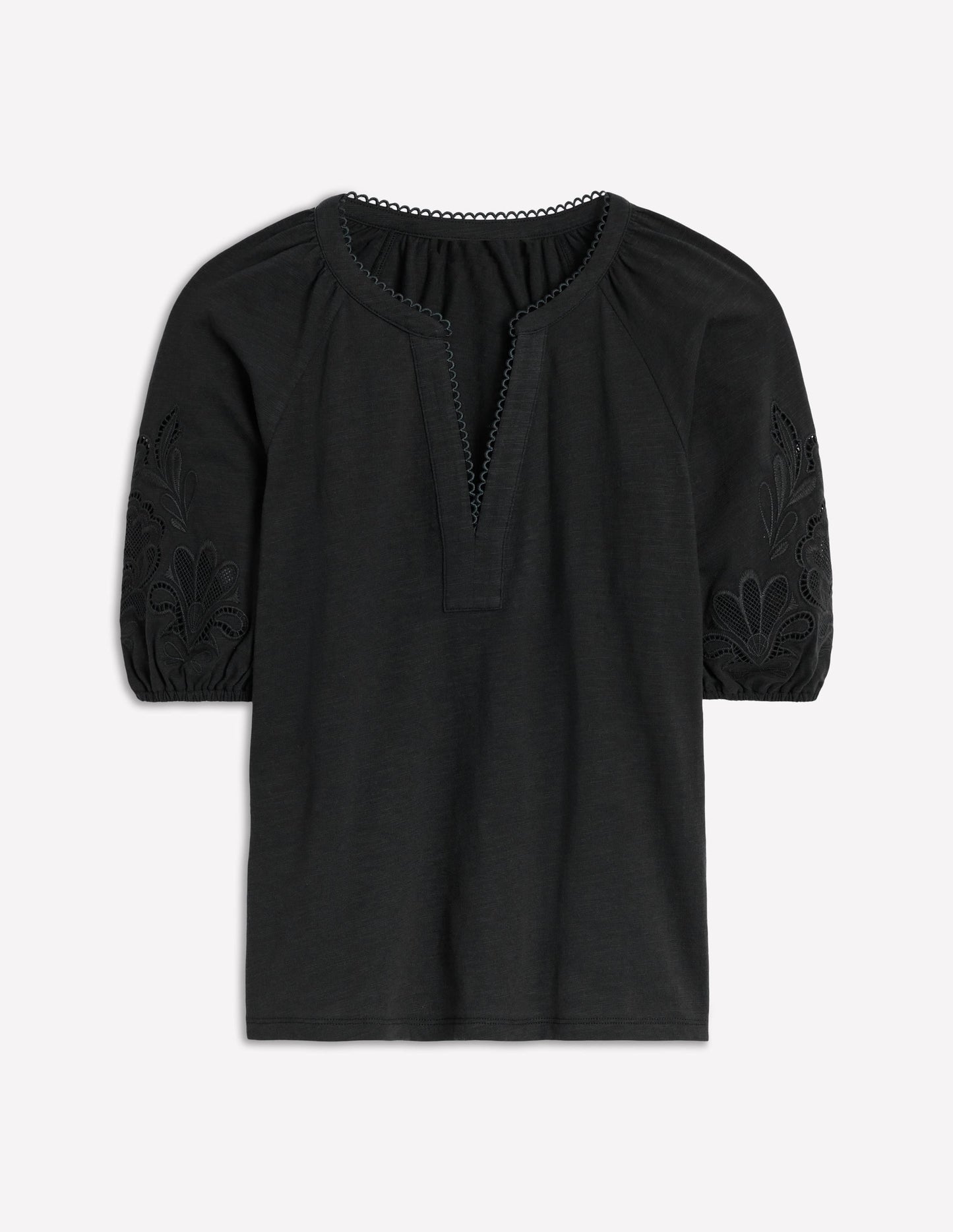 Cutwork Notch Neck Top-Black