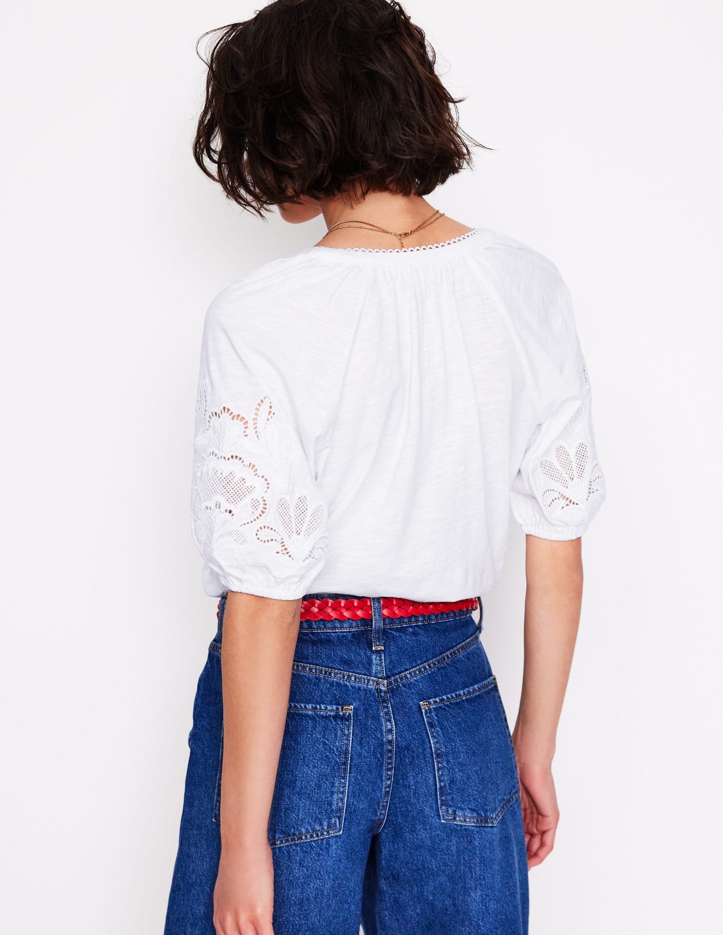 Cutwork Notch Neck Top-White