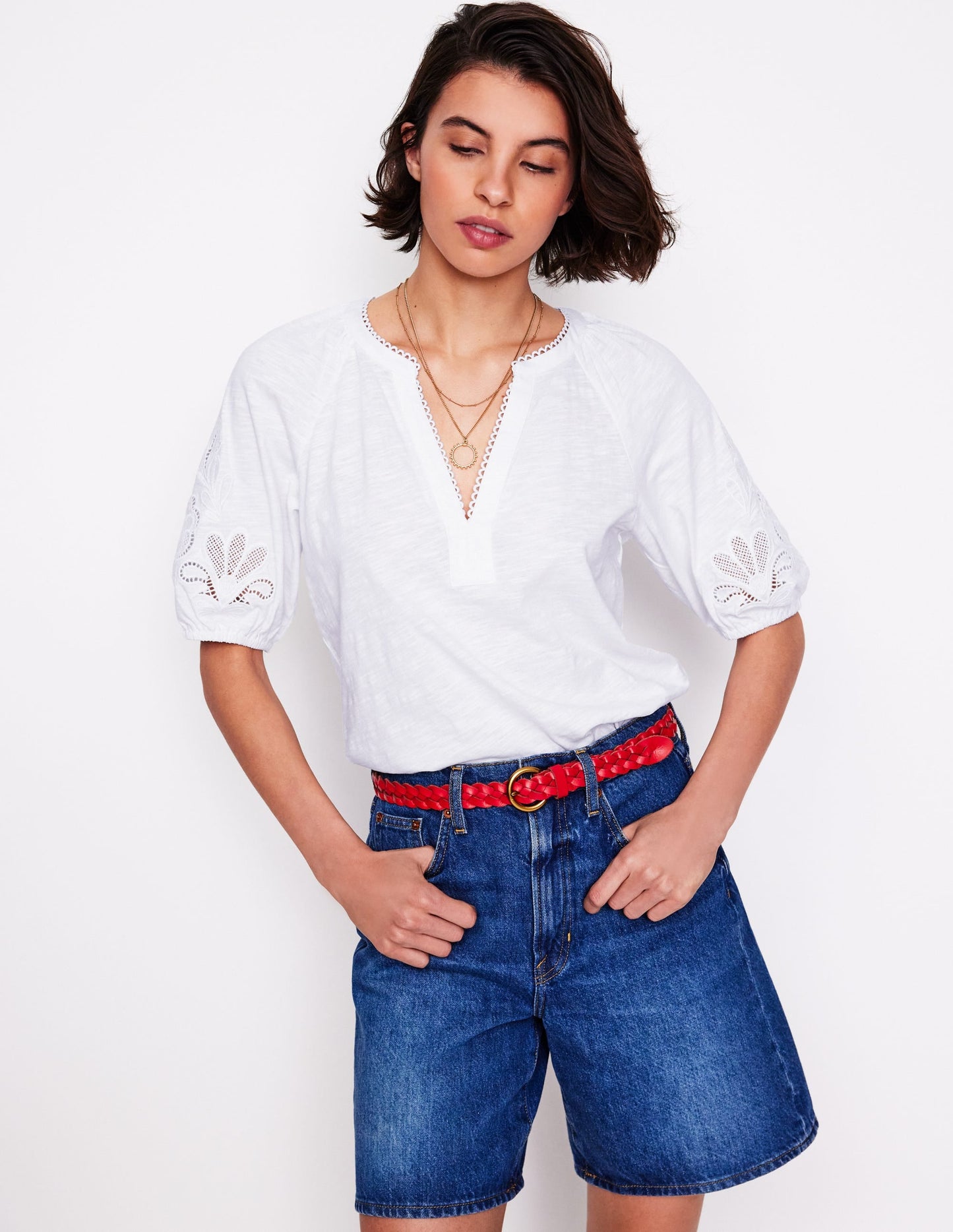 Cutwork Notch Neck Top-White
