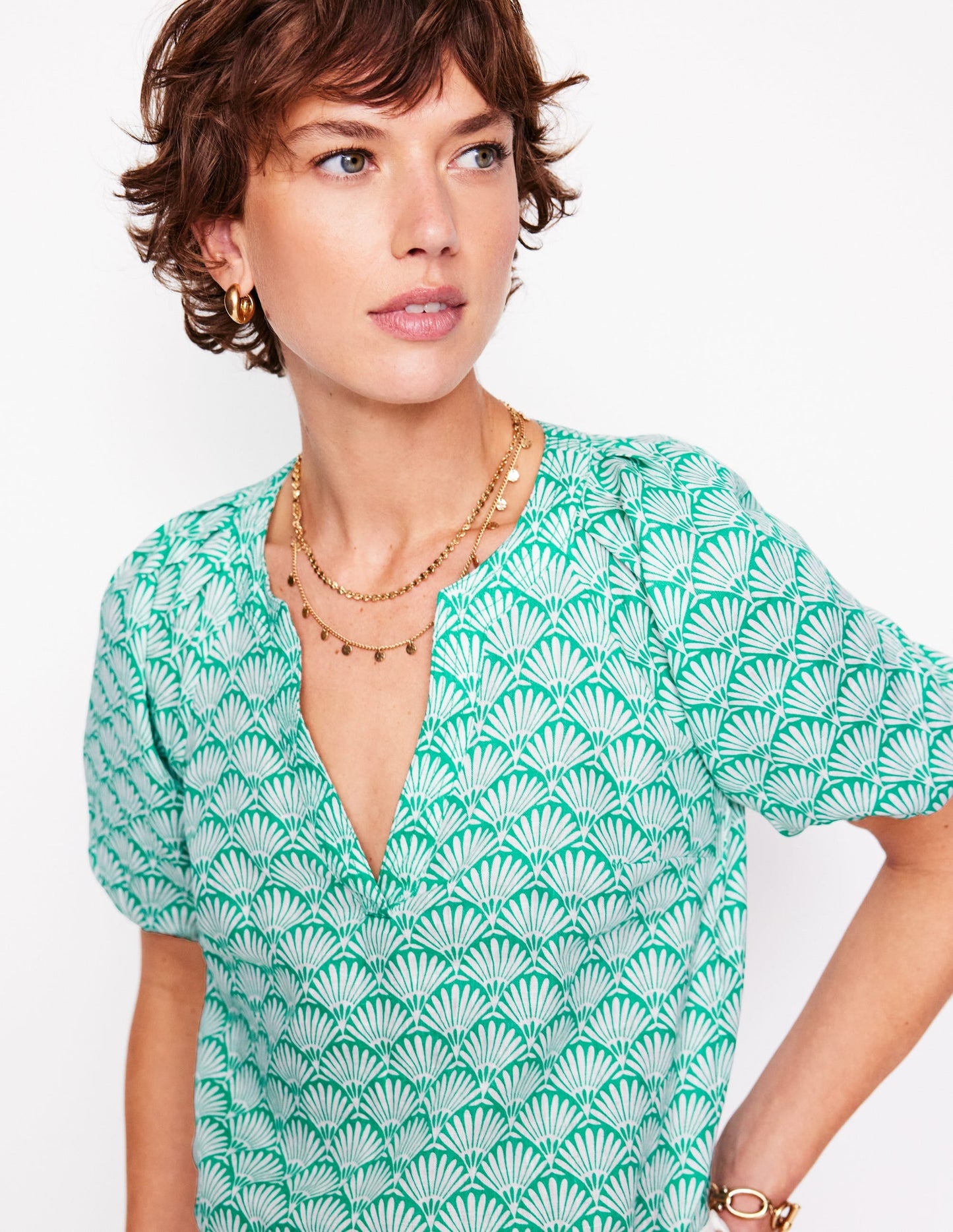 Brooke Linen Top-Aquamarine, Deco Palm