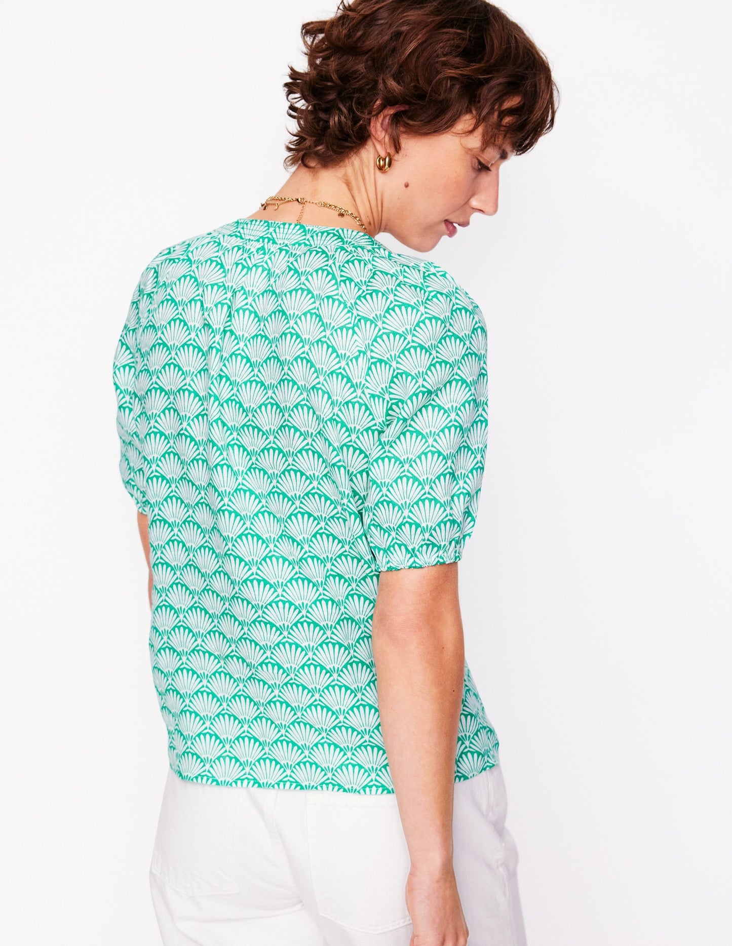 Brooke Linen Top-Aquamarine, Deco Palm