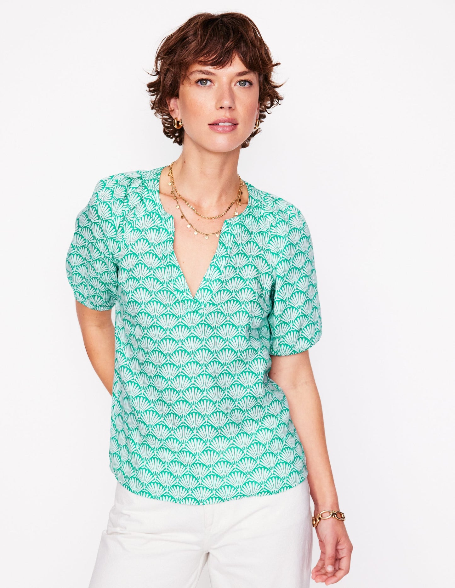 Brooke Linen Top-Aquamarine, Deco Palm