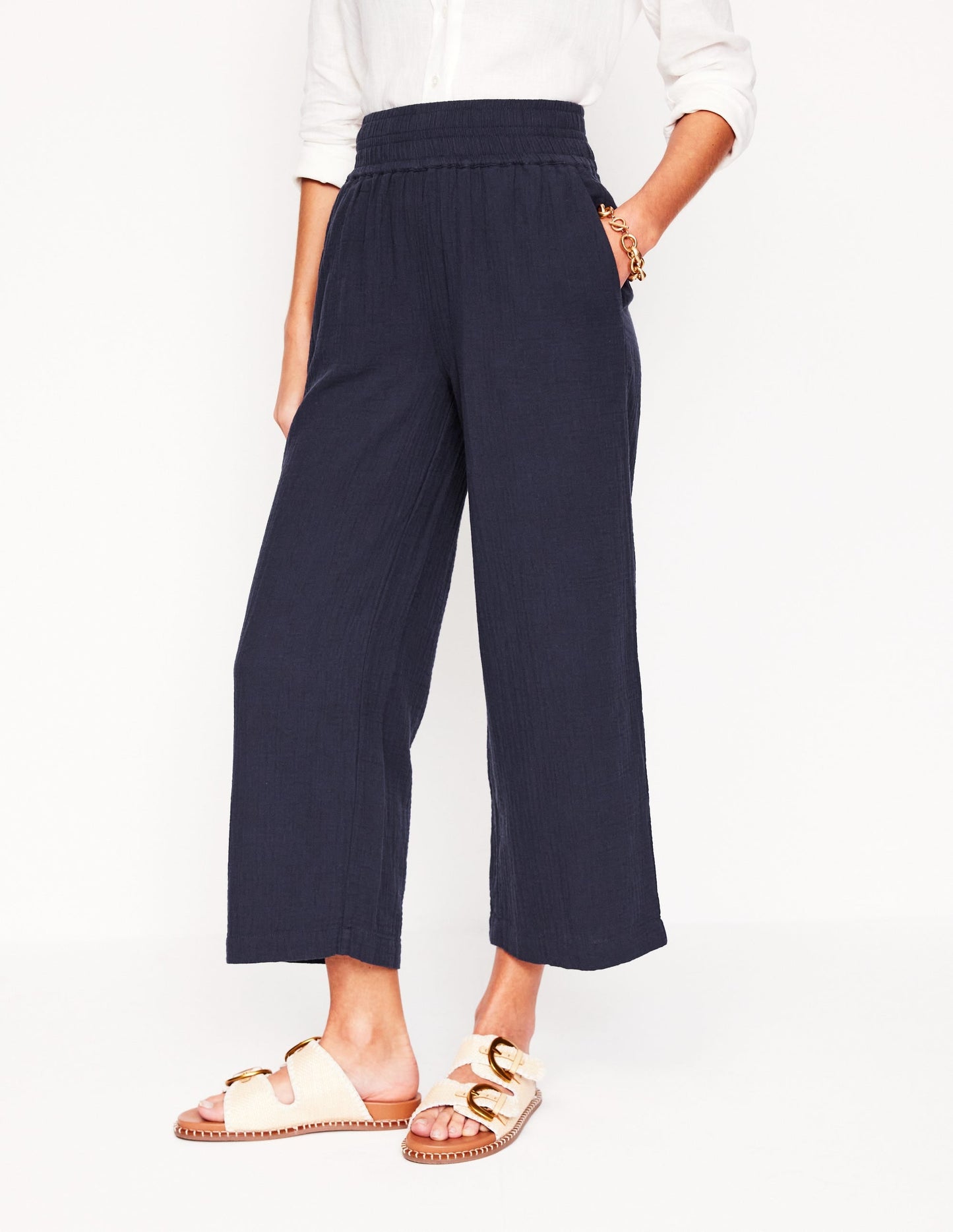 Cropped Double Cloth Trousers-Navy