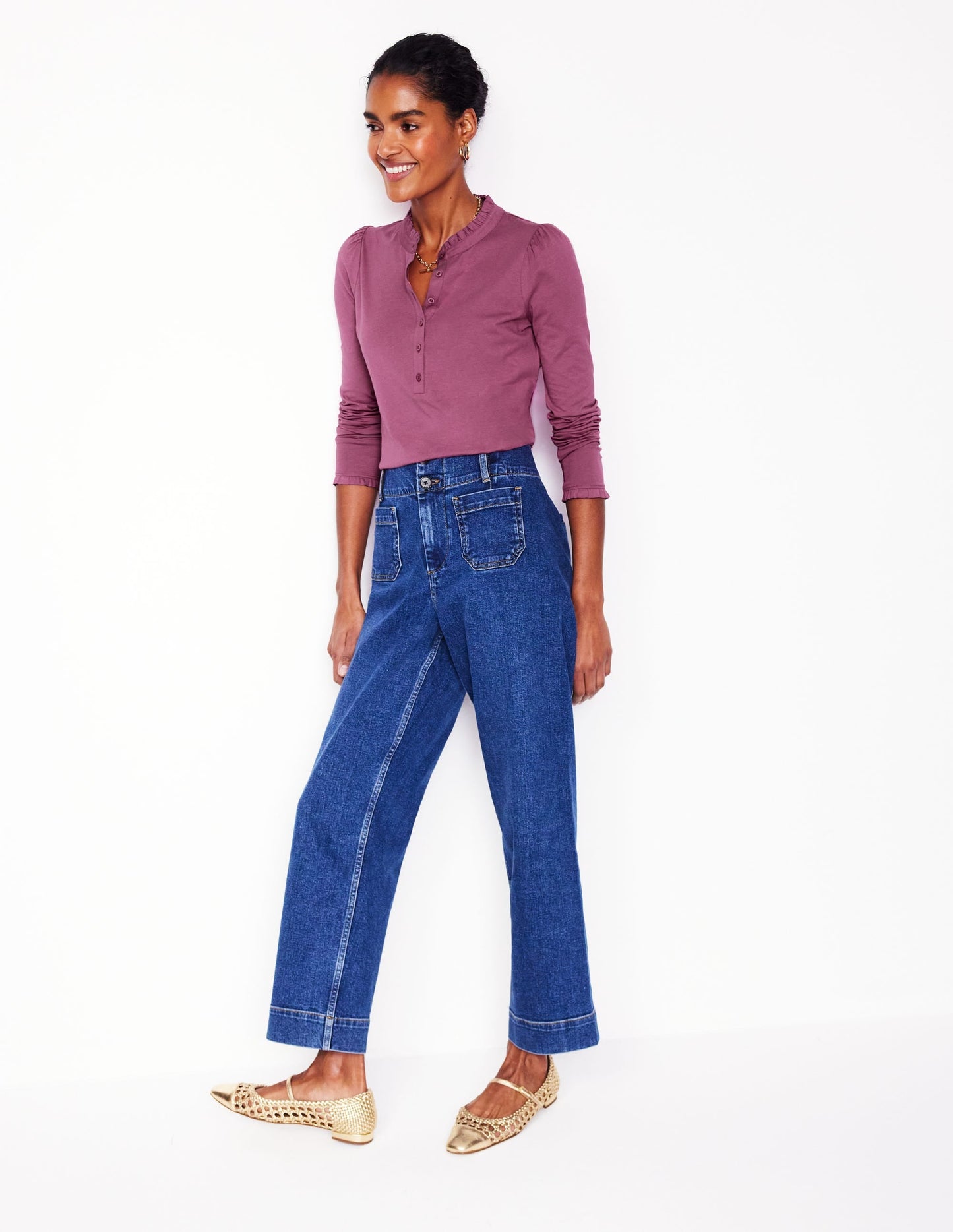 Supersoft Frill Henley Top-Purple Damson