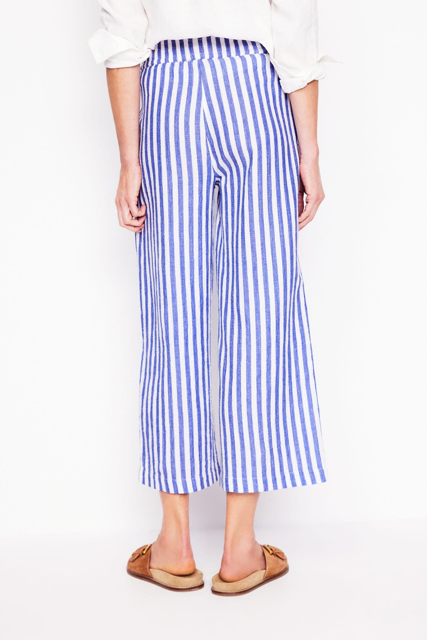Cropped Double Cloth Trousers-Bright Blue Stripe