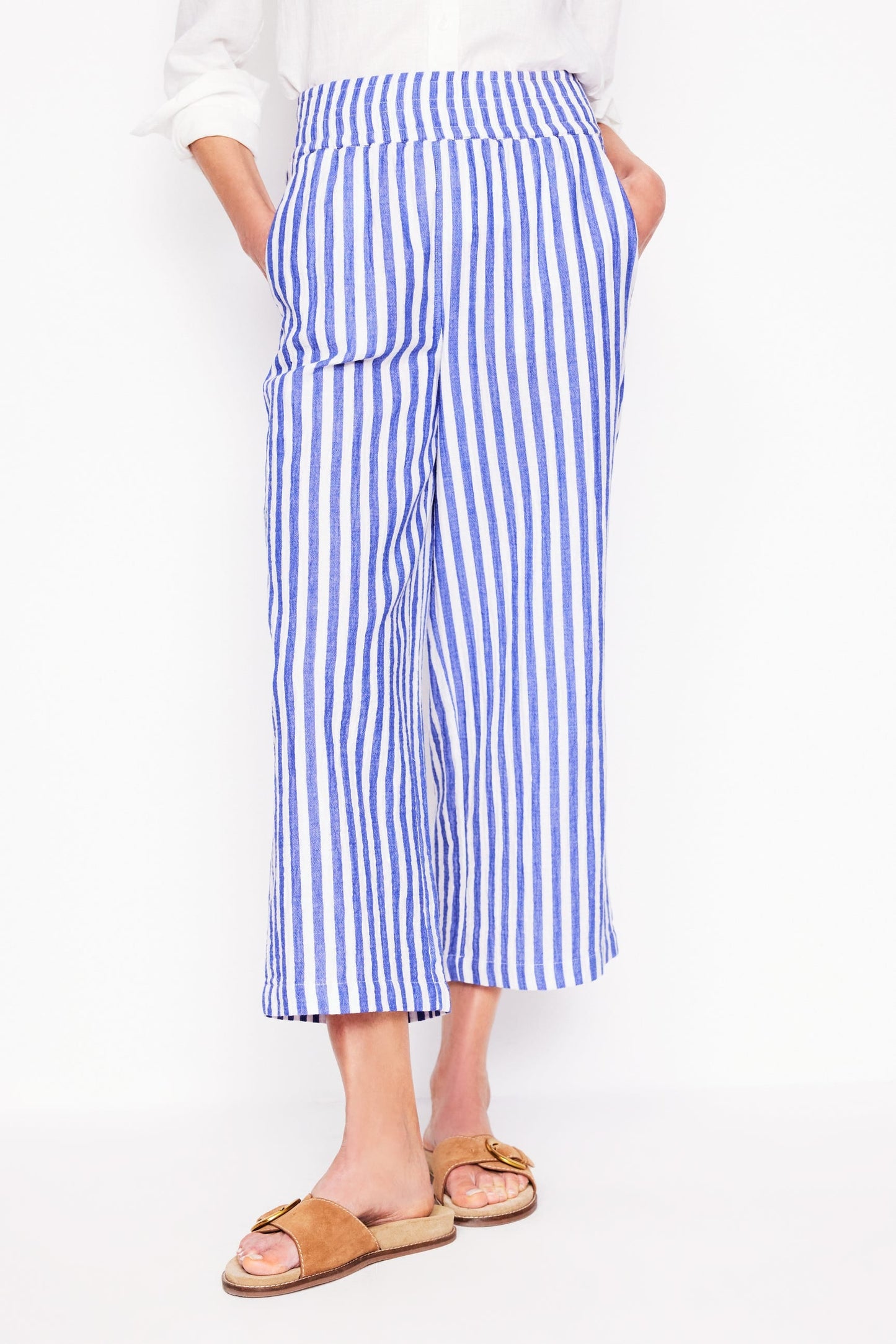 Cropped Double Cloth Trousers-Bright Blue Stripe