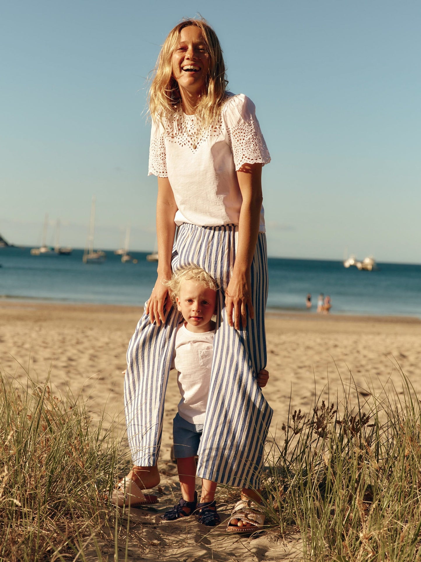 Cropped Double Cloth Trousers-Bright Blue Stripe