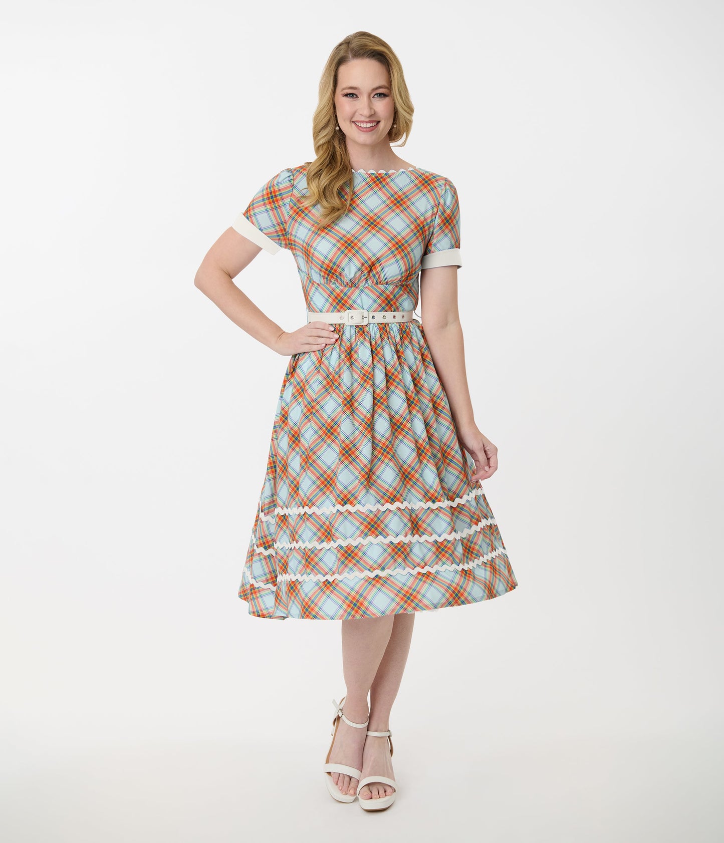 Unique Vintage Rainbow Plaid Swing Dress