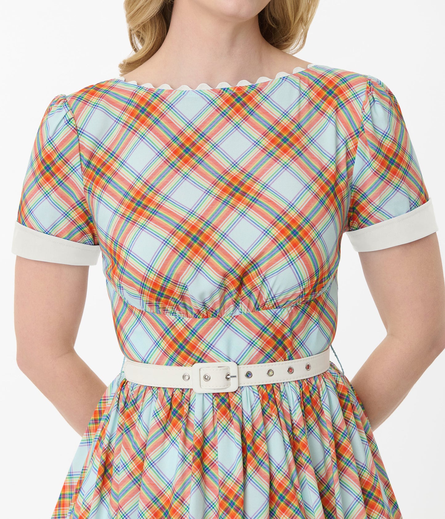 Unique Vintage Rainbow Plaid Swing Dress
