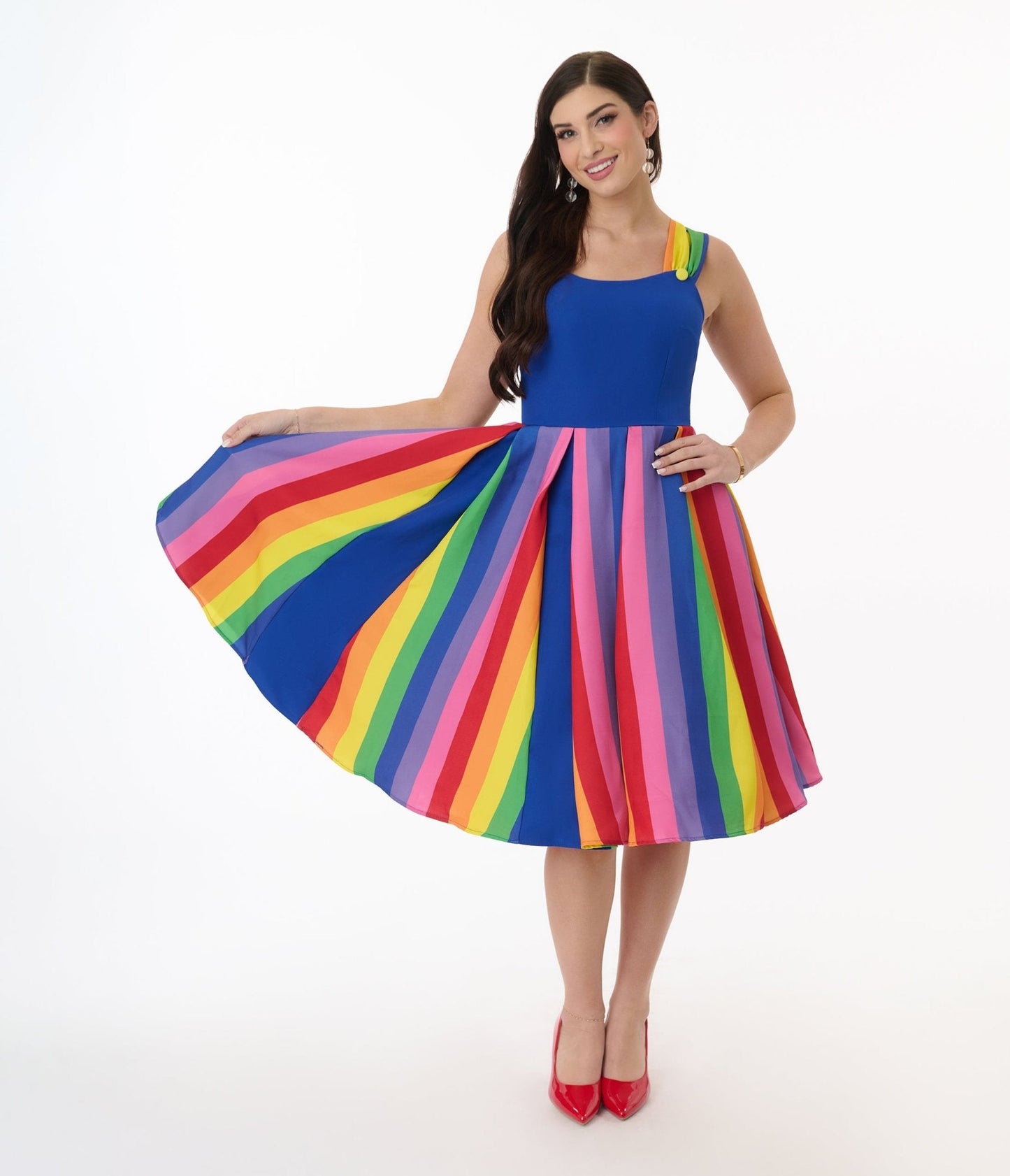 Unique Vintage Blue & Rainbow Stripe Swing Dress
