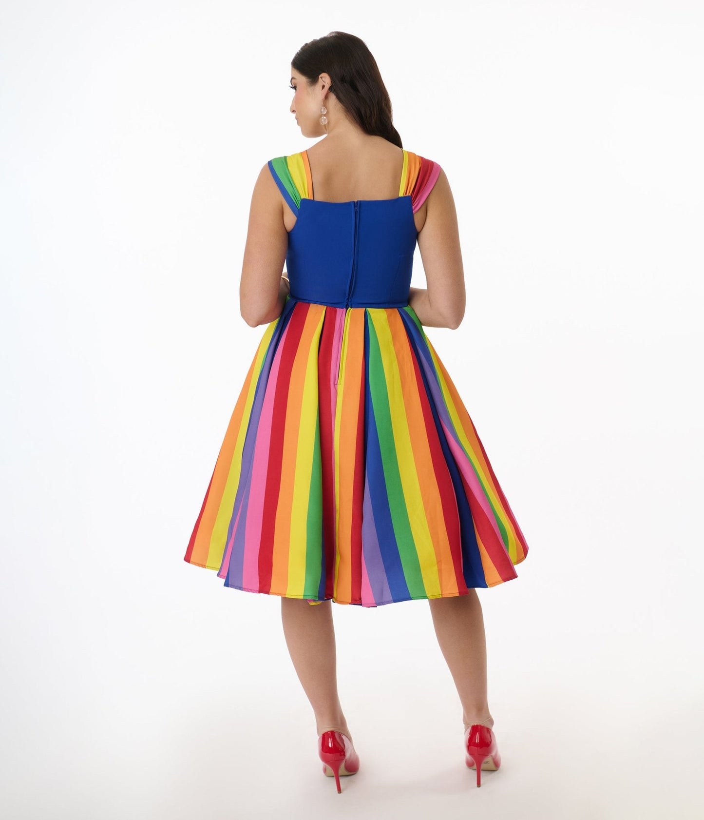 Unique Vintage Blue & Rainbow Stripe Swing Dress