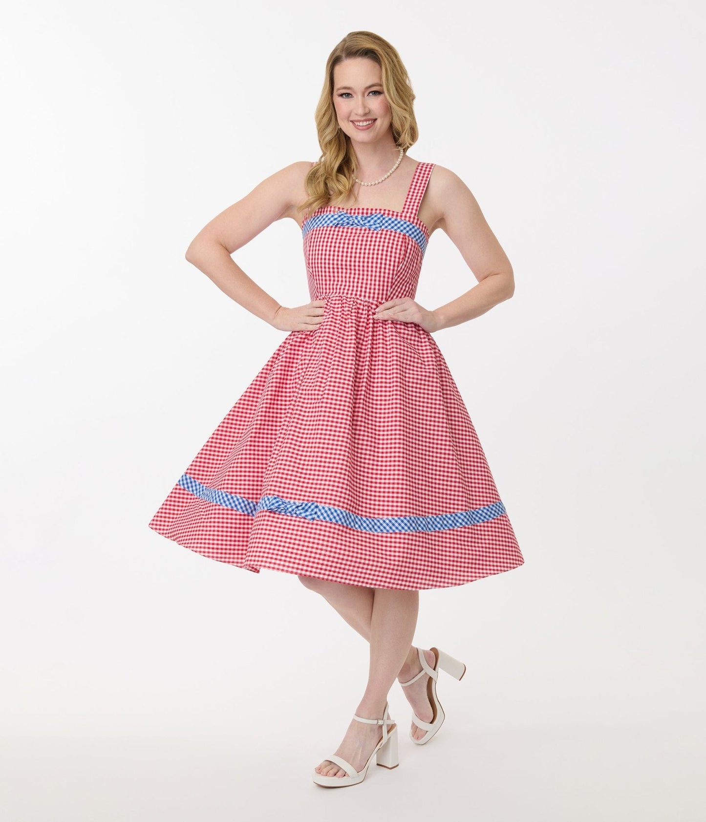 Unique Vintage Red & Blue Gingham Swing Dress