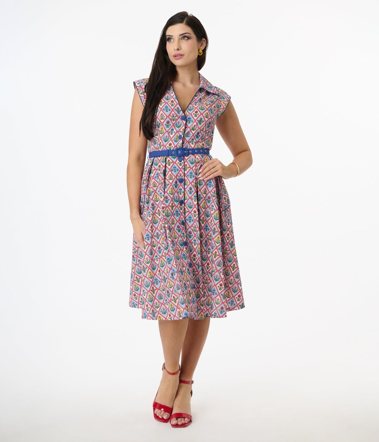 Unique Vintage Blue Diamond Floral Shirt Swing Dress