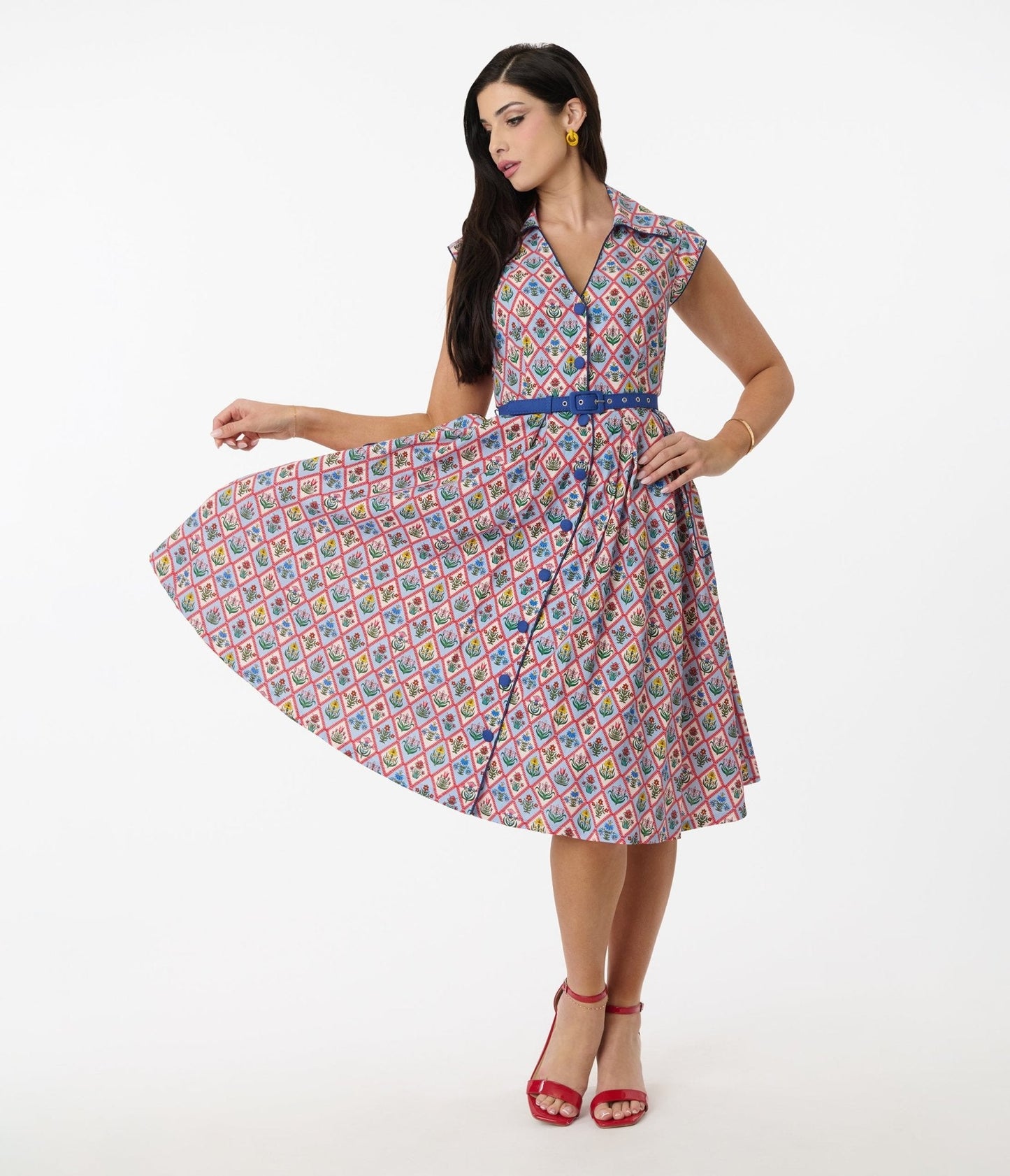Unique Vintage Blue Diamond Floral Shirt Swing Dress