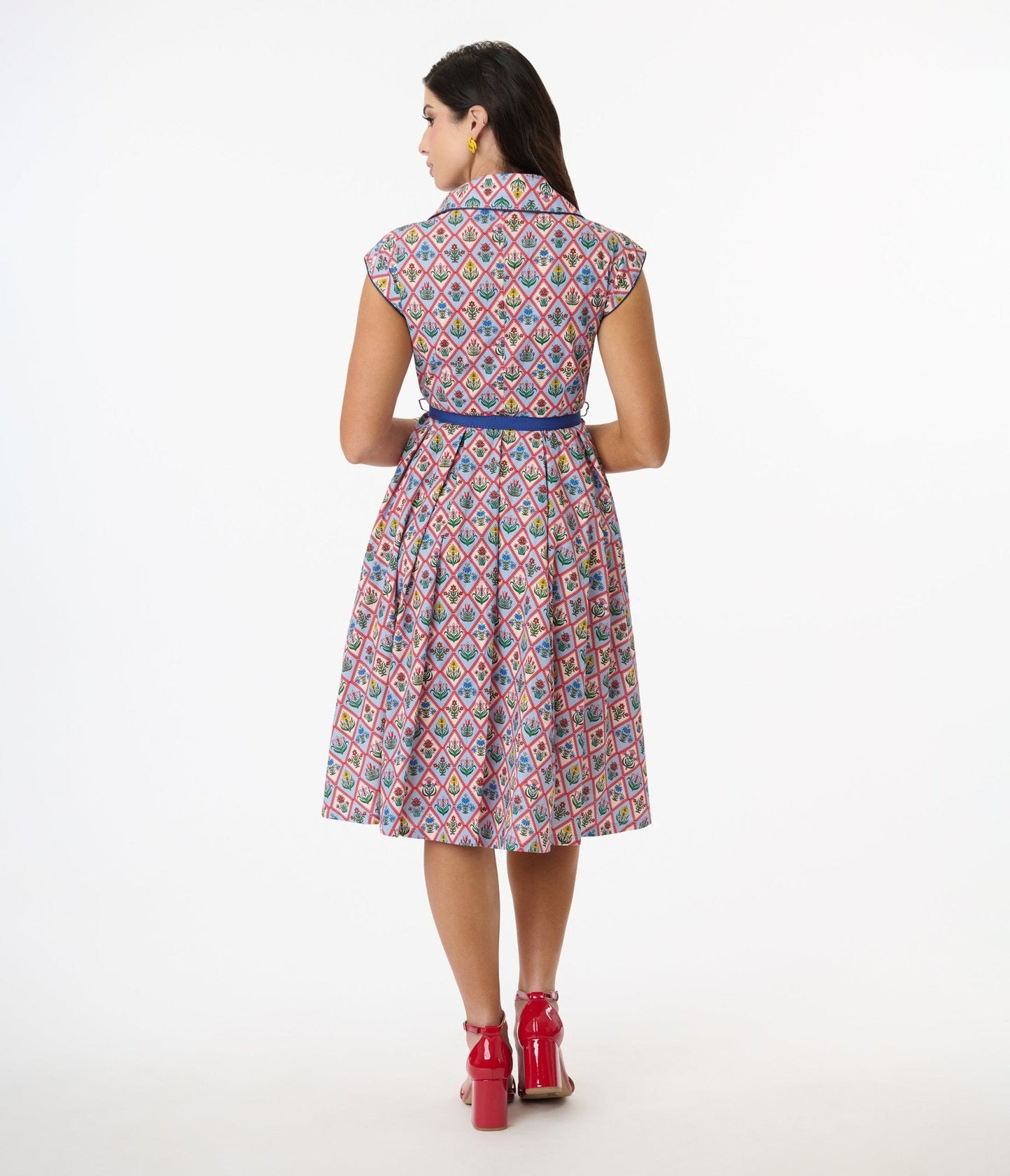 Unique Vintage Blue Diamond Floral Shirt Swing Dress