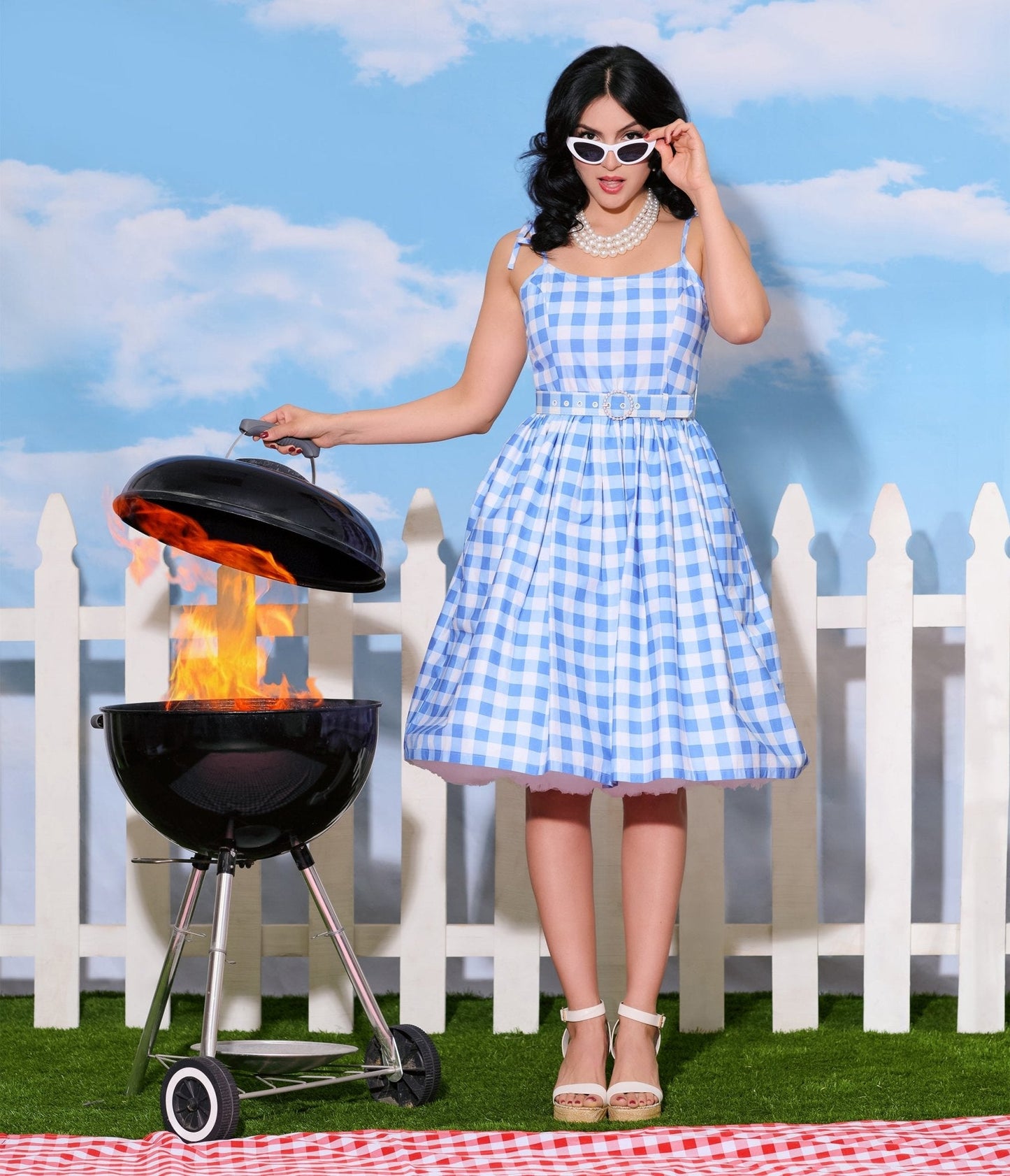 Unique Vintage Blue & White Gingham Bobbie Swing Dress