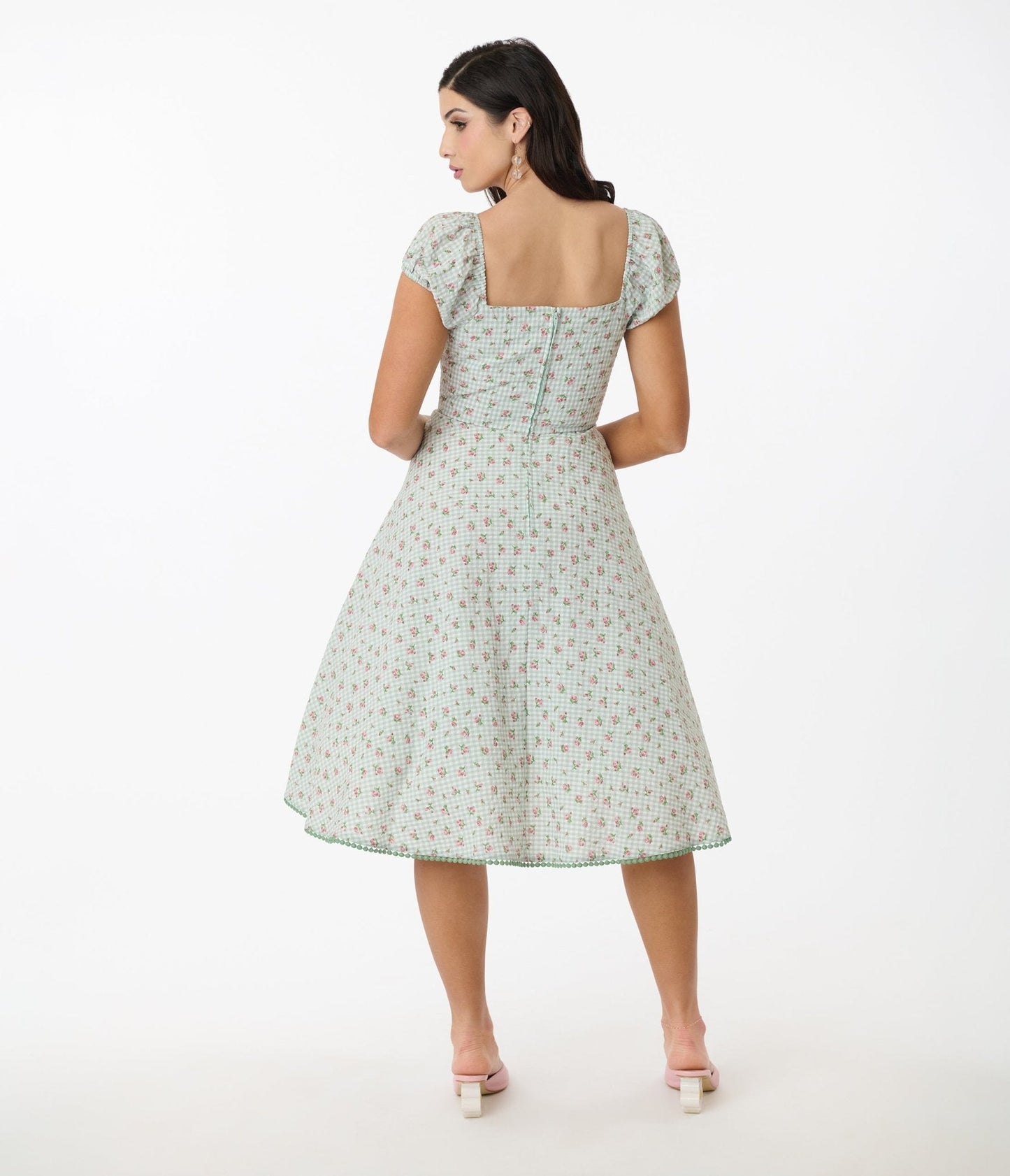 Unique Vintage Green Floral Gingham Print Swing Dress