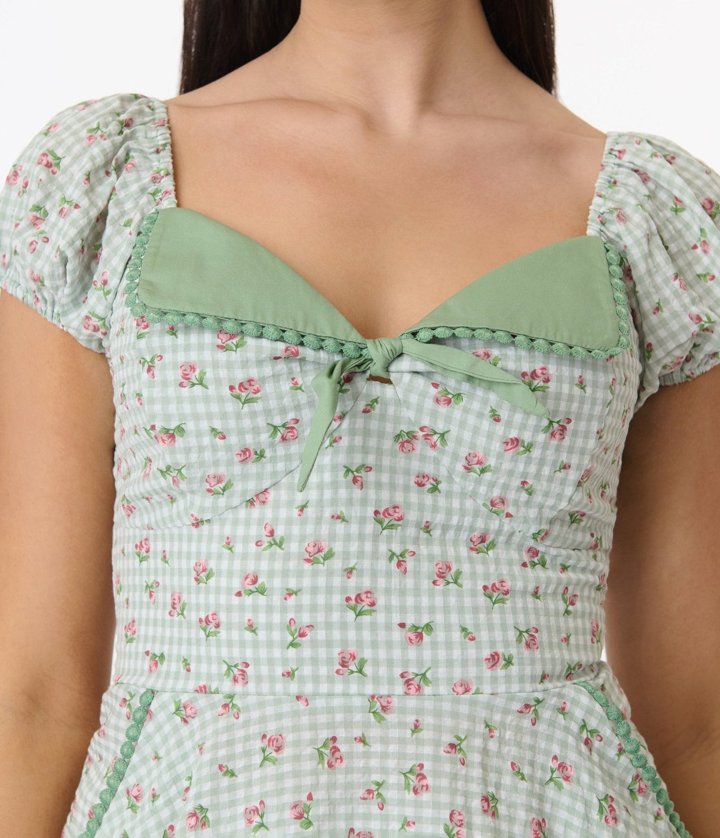 Unique Vintage Green Floral Gingham Print Swing Dress