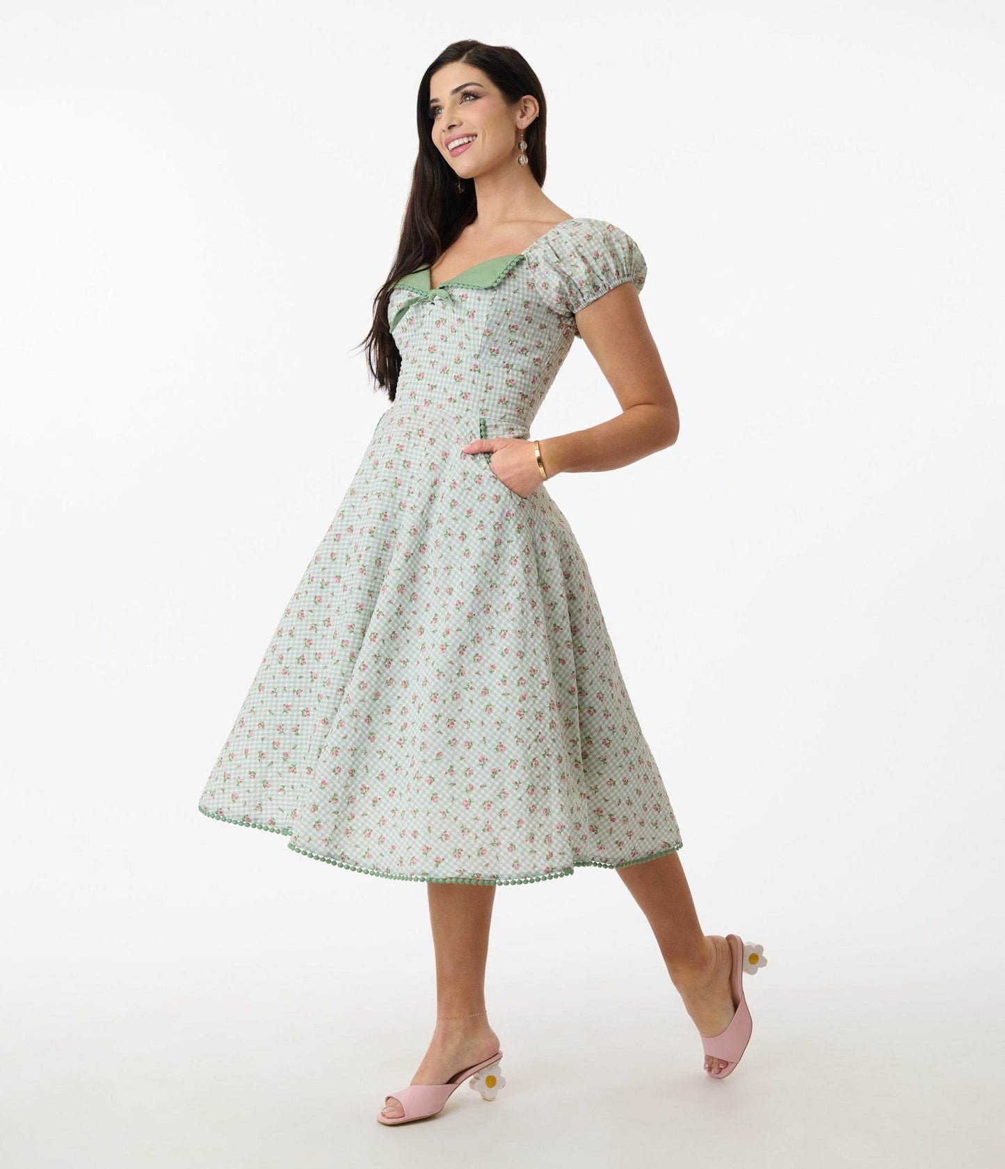 Unique Vintage Green Floral Gingham Print Swing Dress
