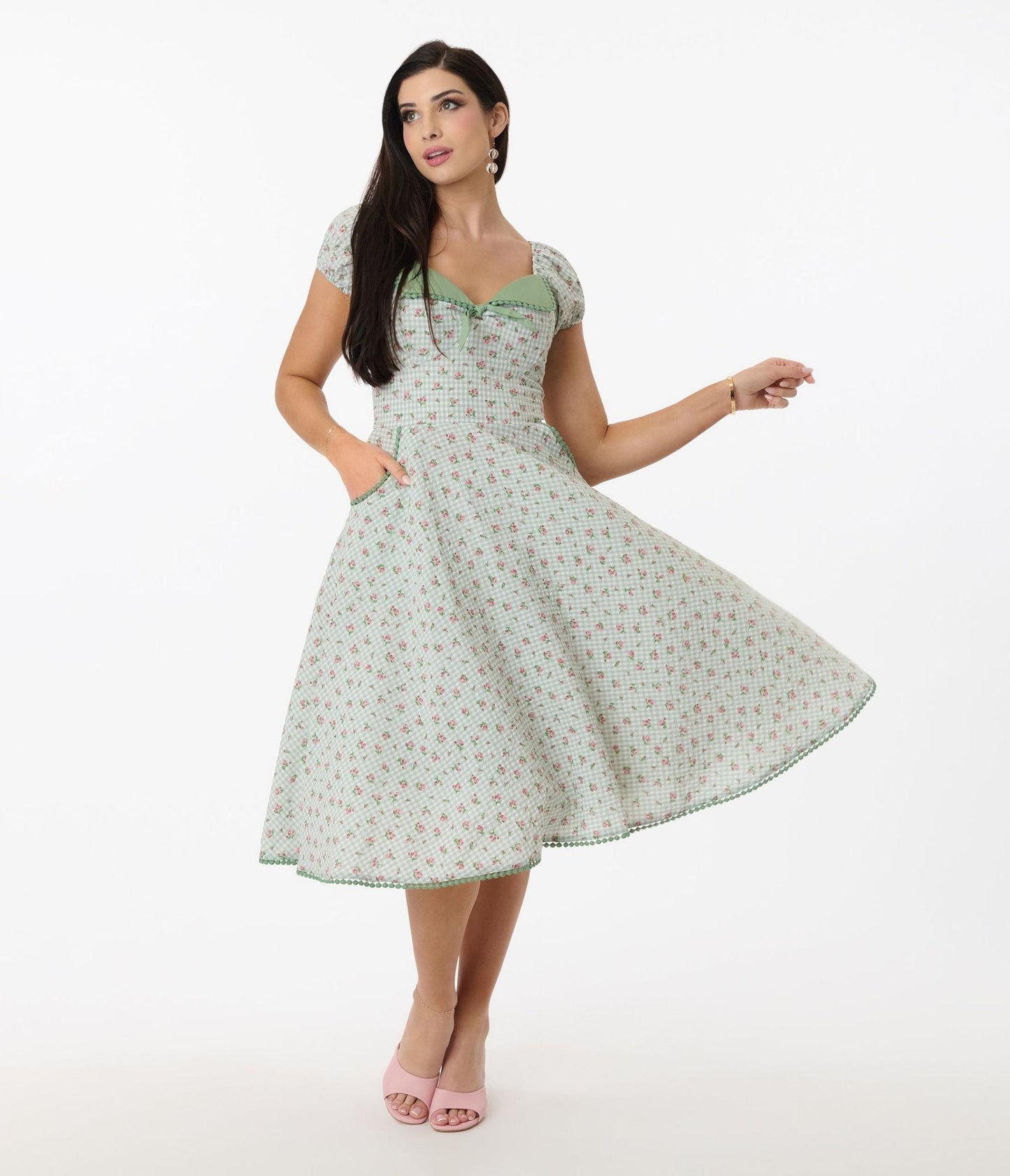 Unique Vintage Green Floral Gingham Print Swing Dress