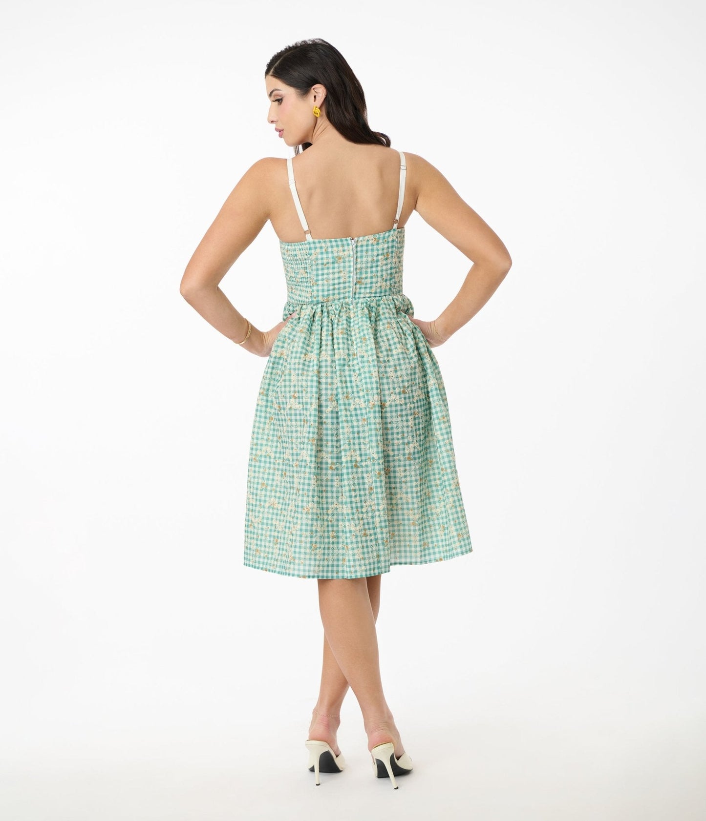 Unique Vintage Green Gingham & Floral Sweetheart Swing Dress