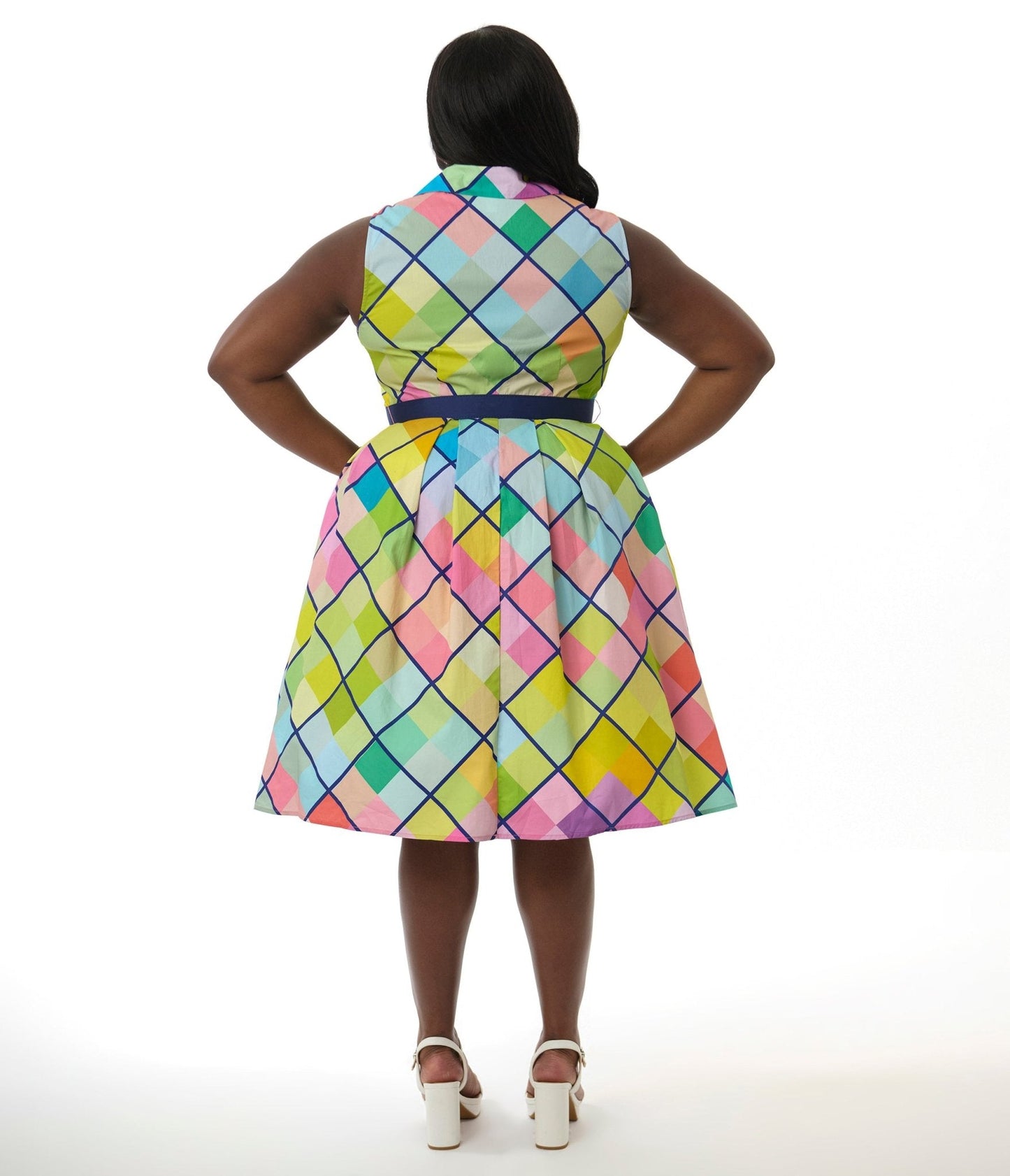 Unique Vintage Plus Size Rainbow Diamond Plaid Edith Swing Dress