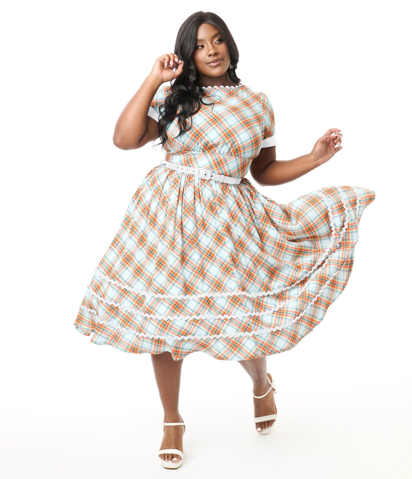 Unique Vintage Plus Size Rainbow Plaid Swing Dress