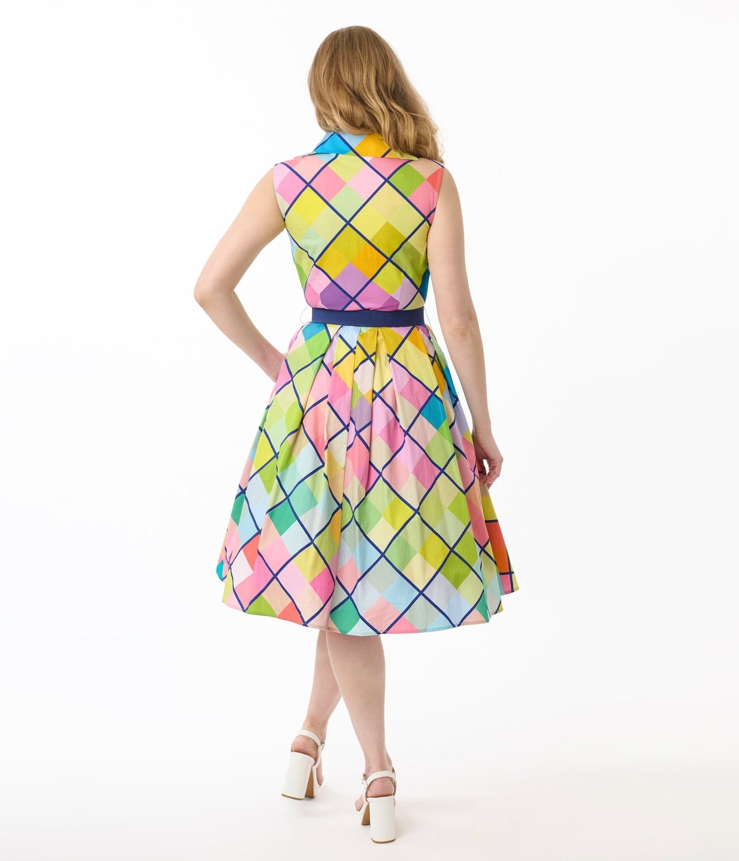 Unique Vintage Rainbow Diamond Plaid Edith Swing Dress