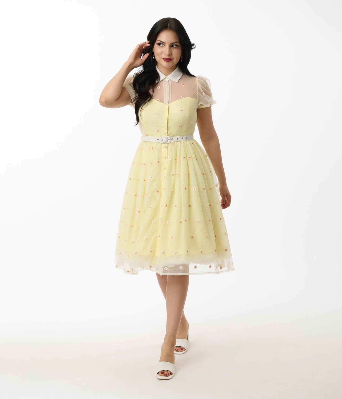 Unique Vintage Yellow Daisy Print Hollie Swing Dress