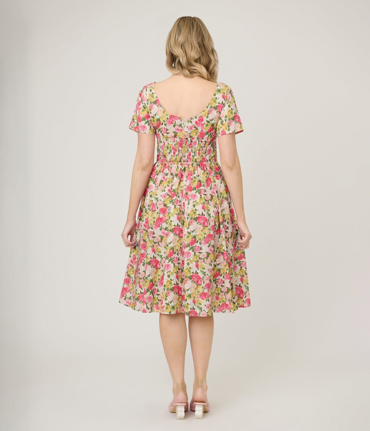 Unique Vintage Yellow & Pink Floral Cotton Swing Dress
