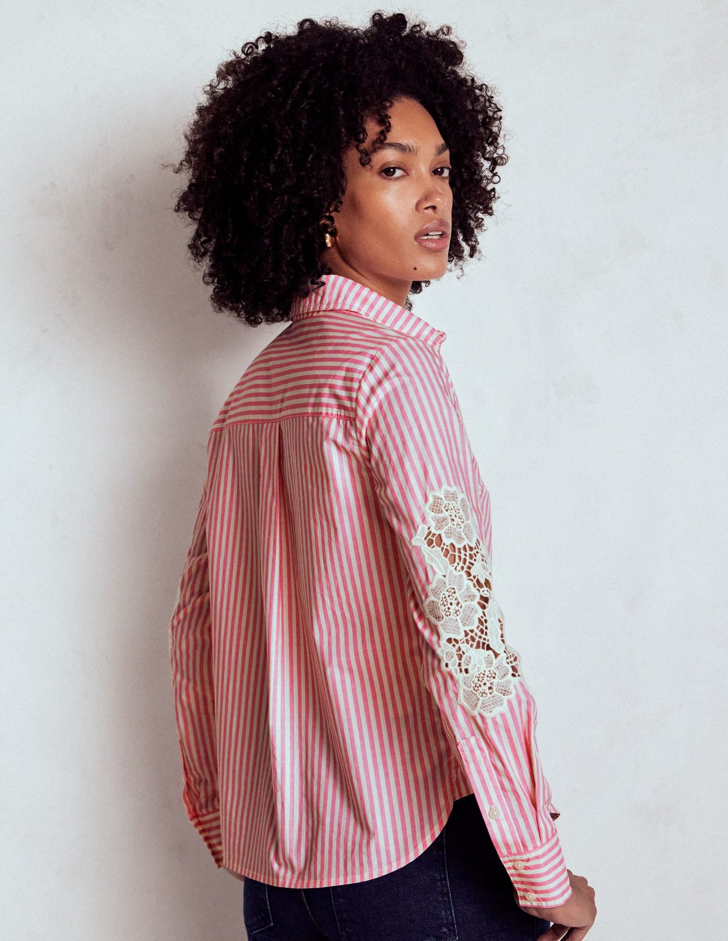 Sienna Interest Cotton Shirt-Pink and Ivory Cutwork Stripe