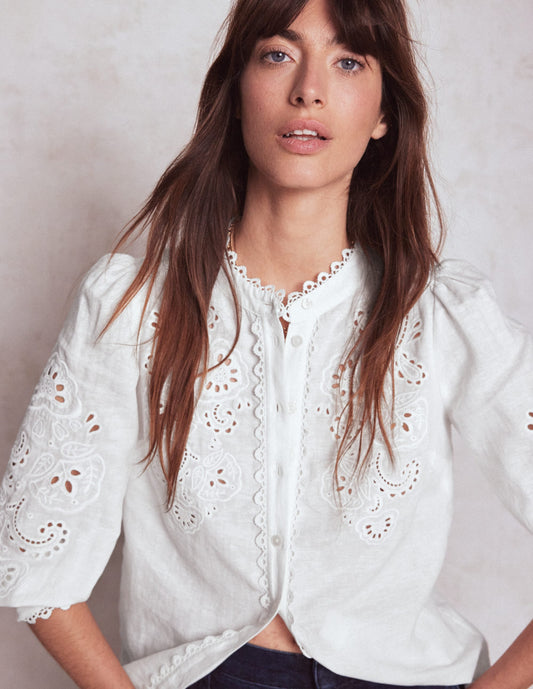 Alicia Cutwork Linen Top-White, Cutwork Embroidery