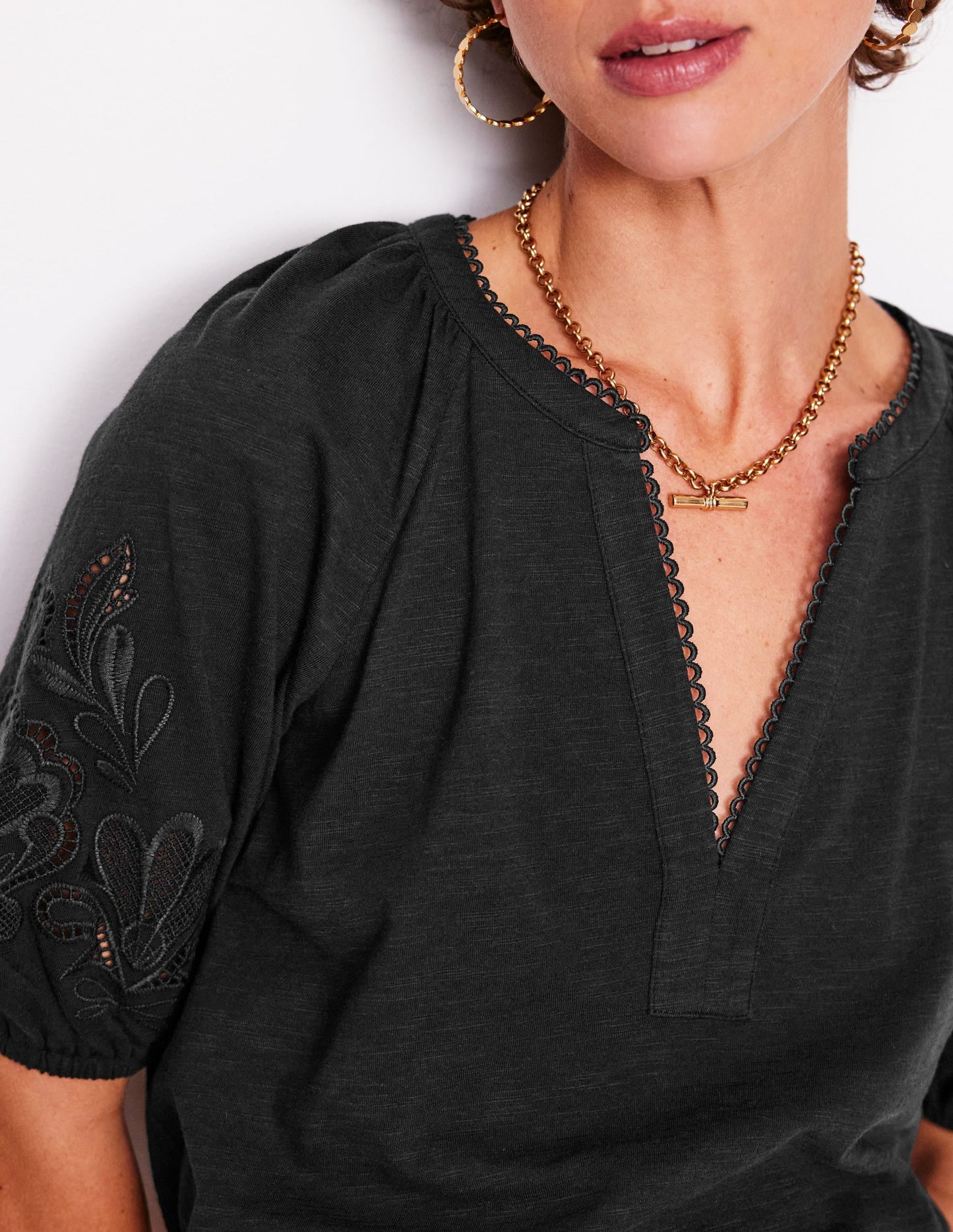 Cutwork Notch Neck Top-Black
