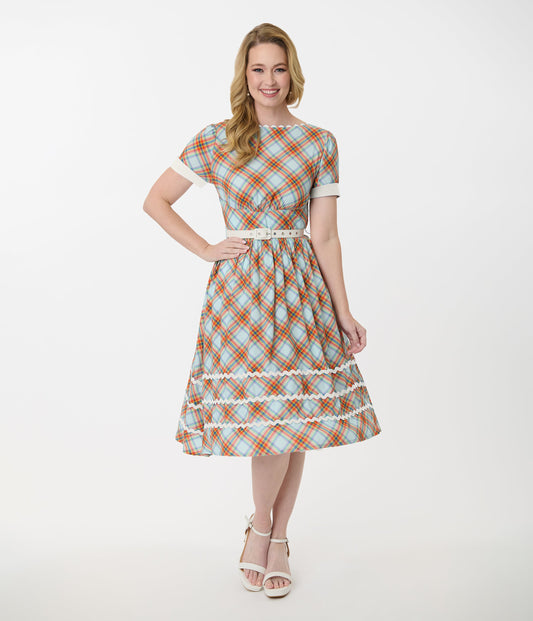 Unique Vintage Rainbow Plaid Swing Dress