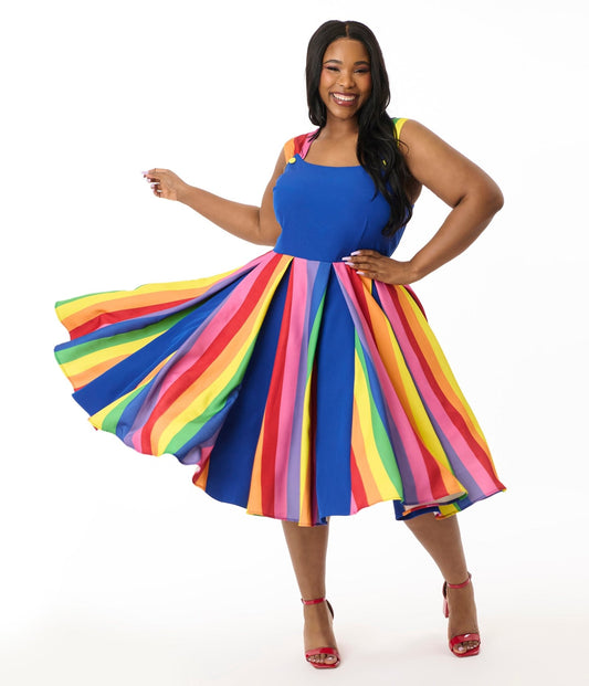Unique Vintage Plus Size Blue & Rainbow Stripe Swing Dress
