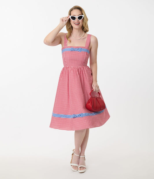 Unique Vintage Red & Blue Gingham Swing Dress