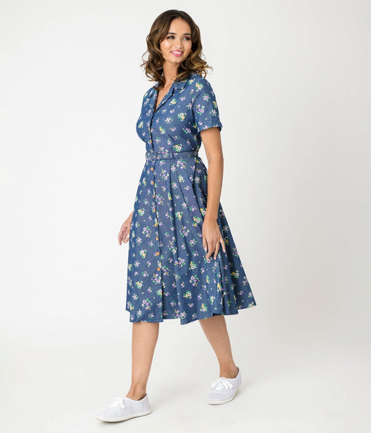 Royal Monk Blue Floral Bloom Print Bella Swing Dress