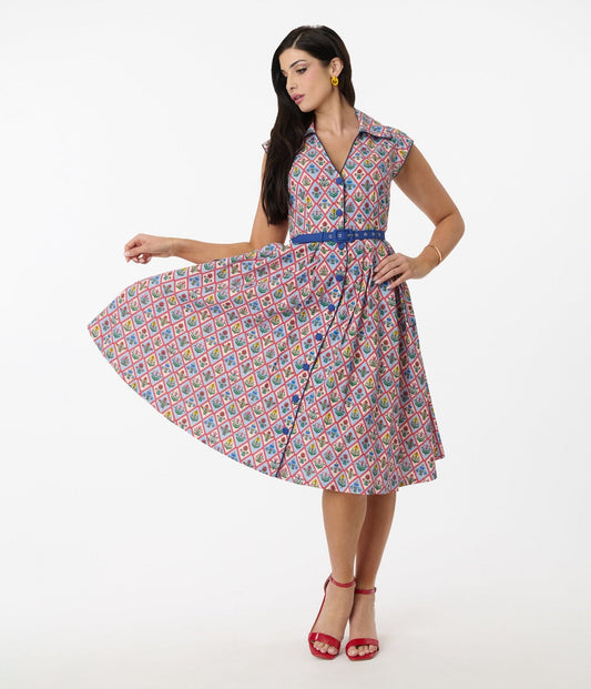 Unique Vintage Blue Diamond Floral Shirt Swing Dress